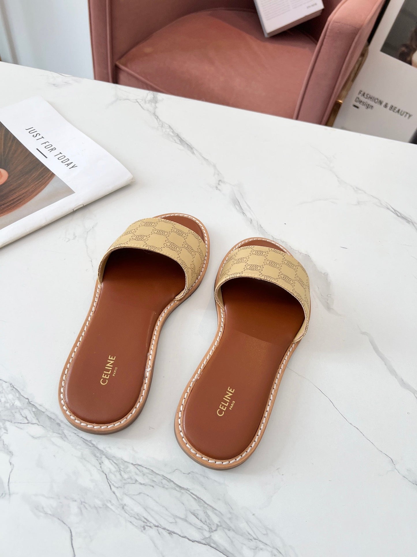 Celine Celine 25C Slippers Egg Nog Monagram Silk with Calfskin 238148