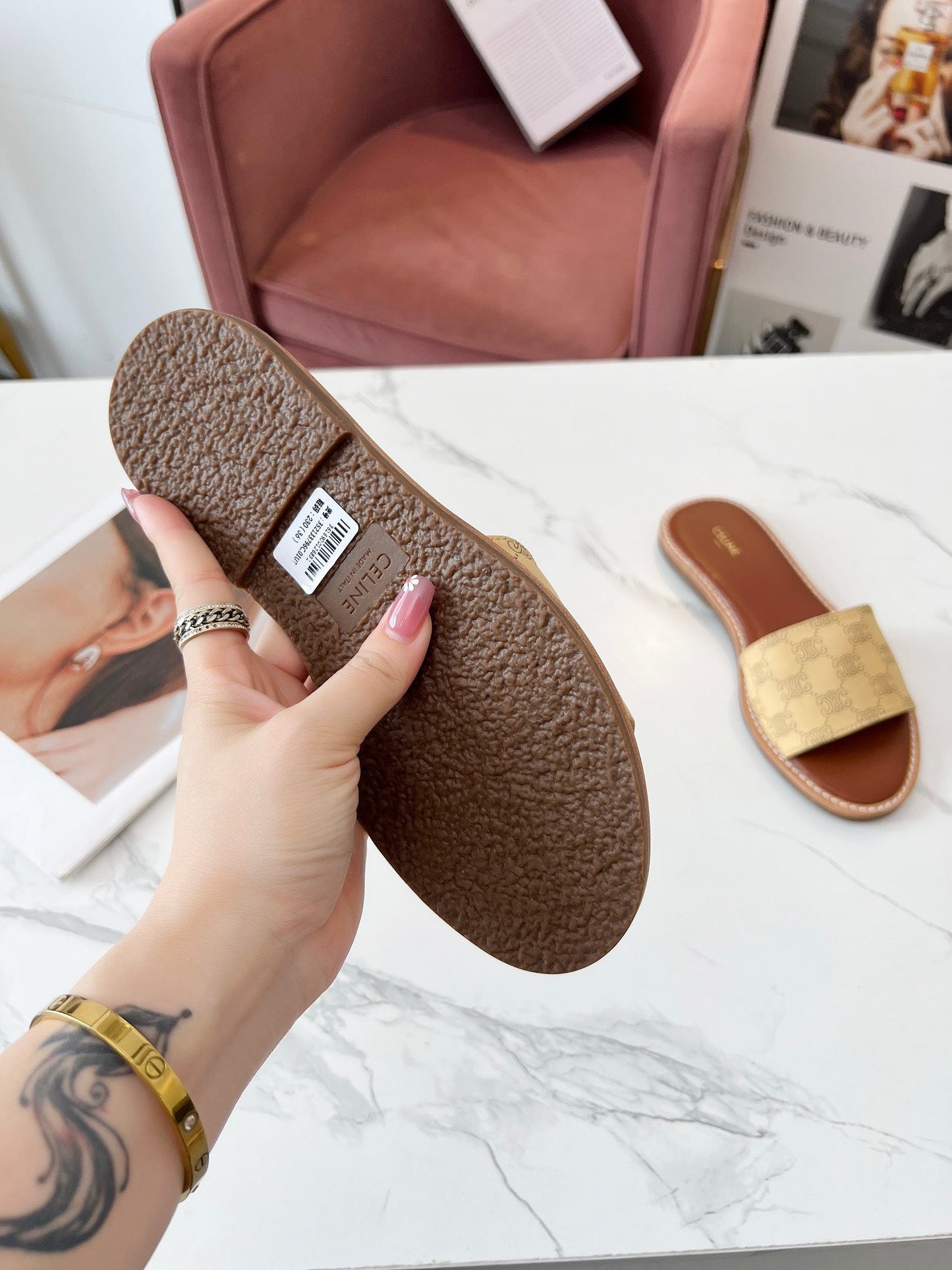 Celine Celine 25C Slippers Egg Nog Monagram Silk with Calfskin 238148