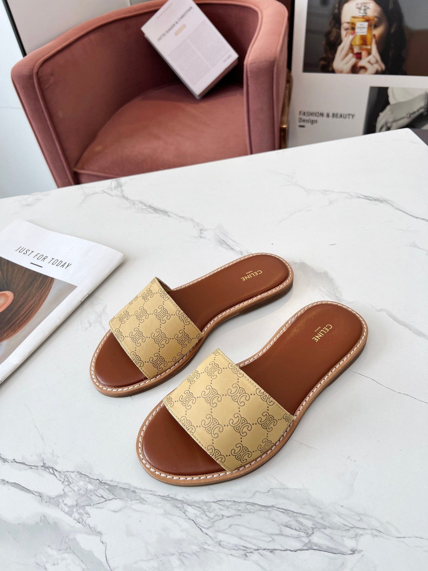 Celine Celine 25C Slippers Egg Nog Monagram Silk with Calfskin 238148