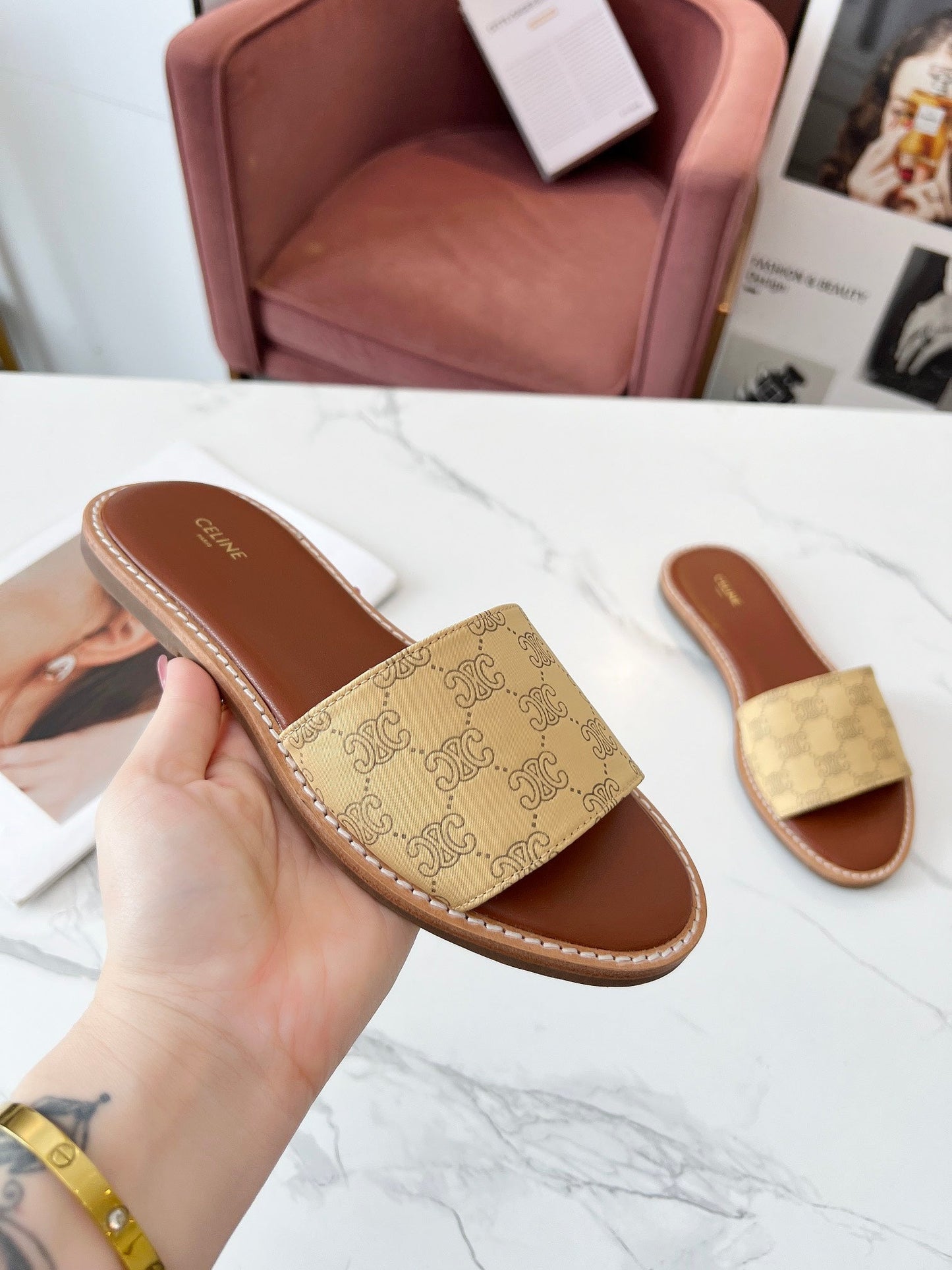 Celine Celine 25C Slippers Egg Nog Monagram Silk with Calfskin 238148