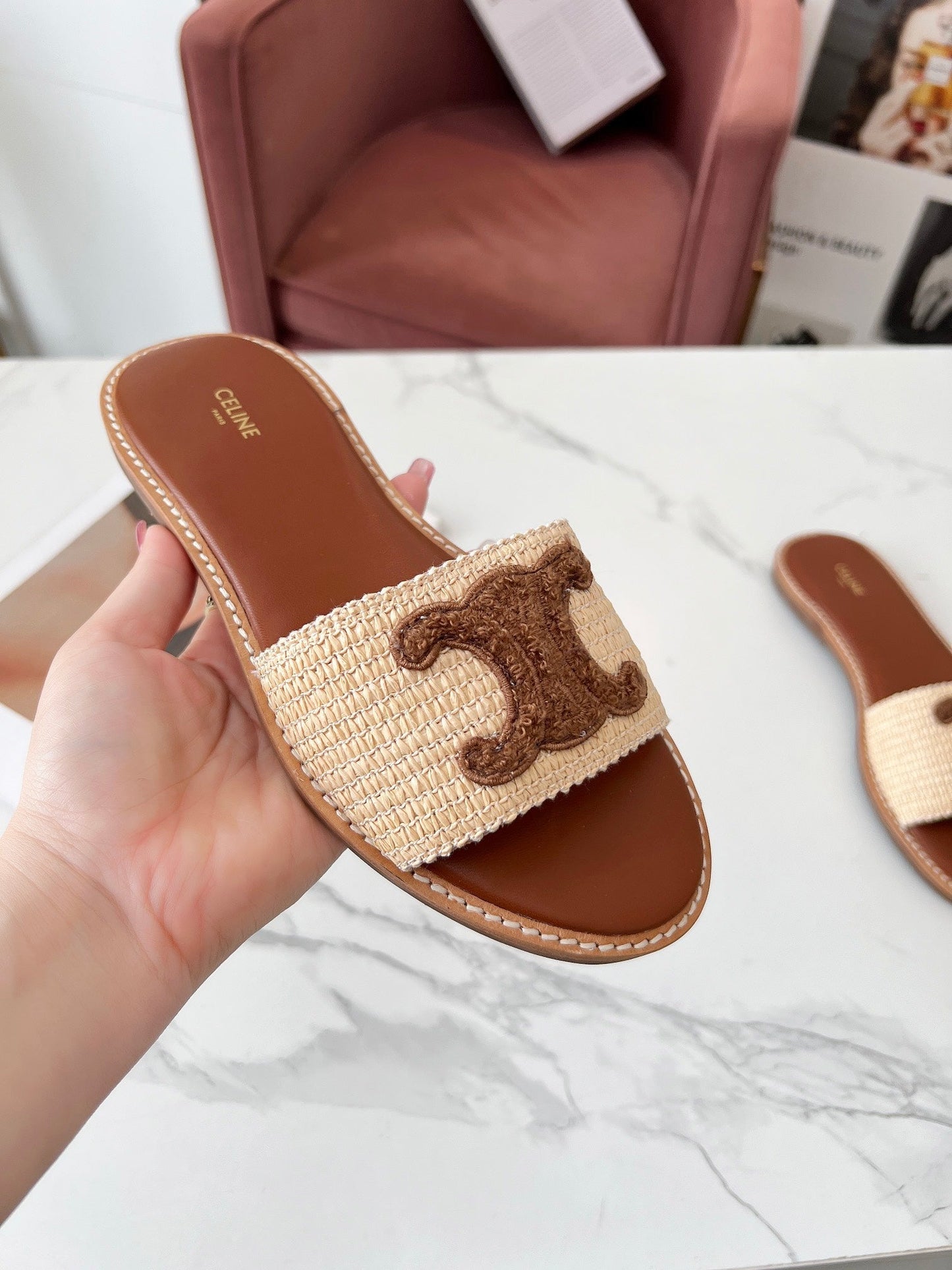 Celine Celine 25C Slippers Beige mix Coffee Fabric with Calfskin 238149