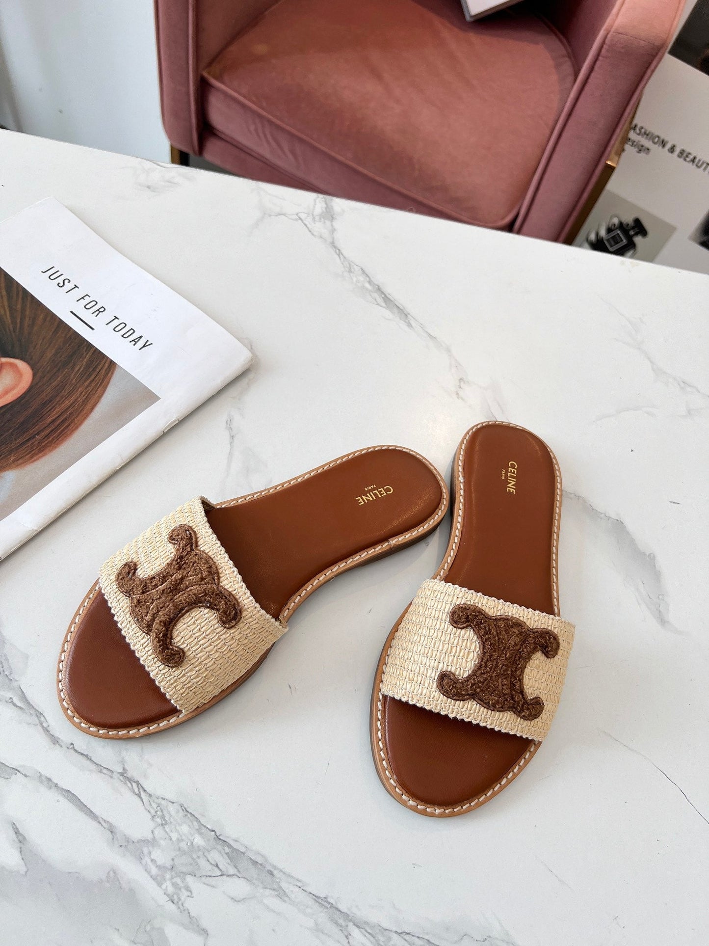 Celine Celine 25C Slippers Beige mix Coffee Fabric with Calfskin 238149