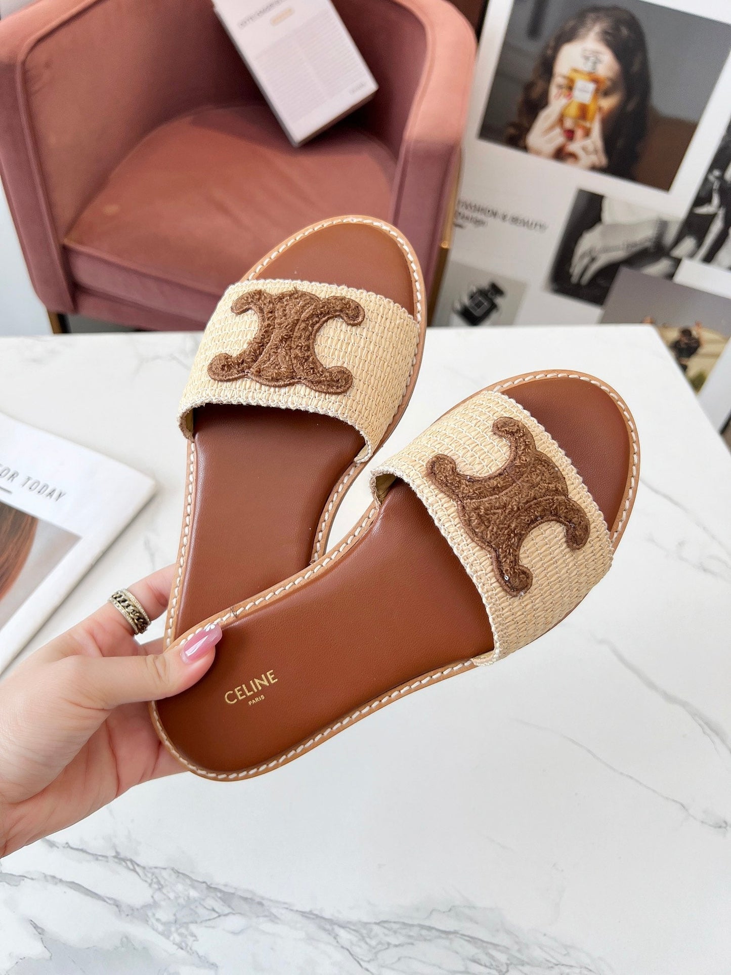 Celine Celine 25C Slippers Beige mix Coffee Fabric with Calfskin 238149