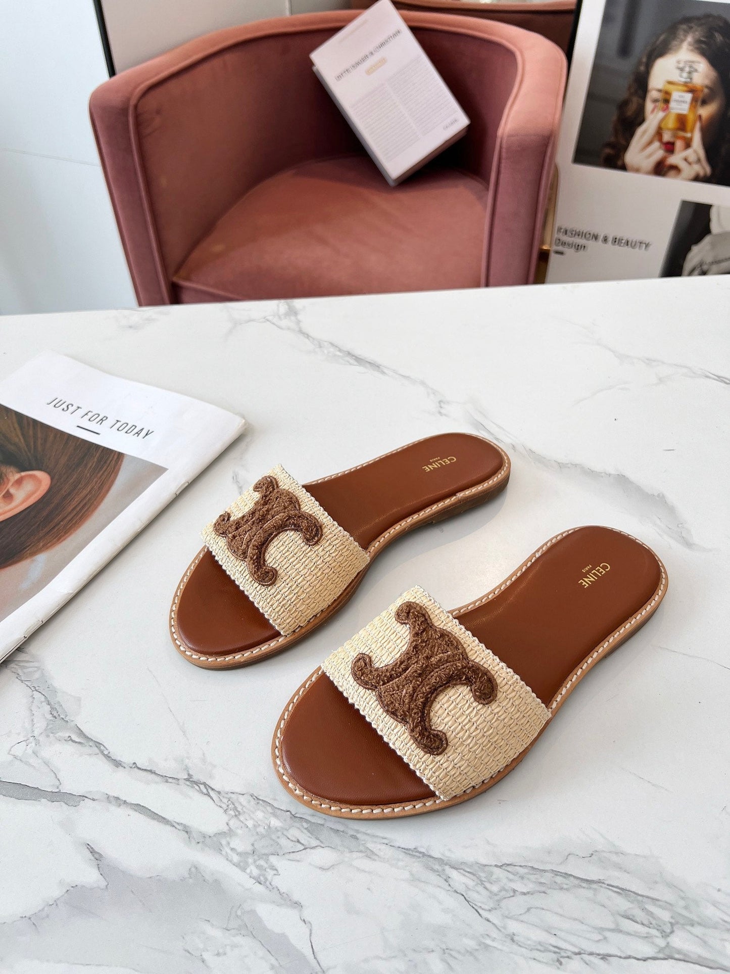 Celine Celine 25C Slippers Beige mix Coffee Fabric with Calfskin 238149