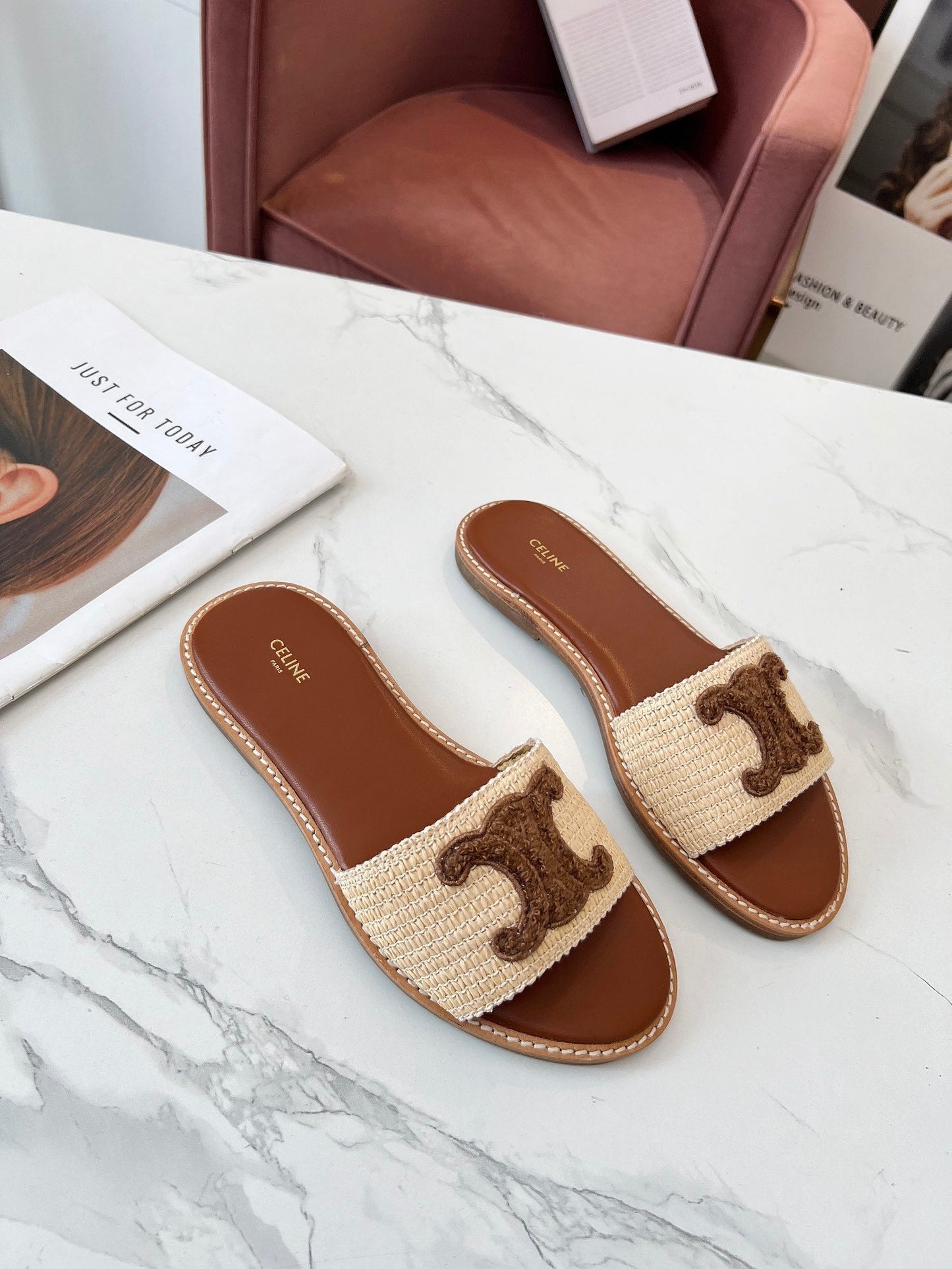 Celine Celine 25C Slippers Beige mix Coffee Fabric with Calfskin 238149