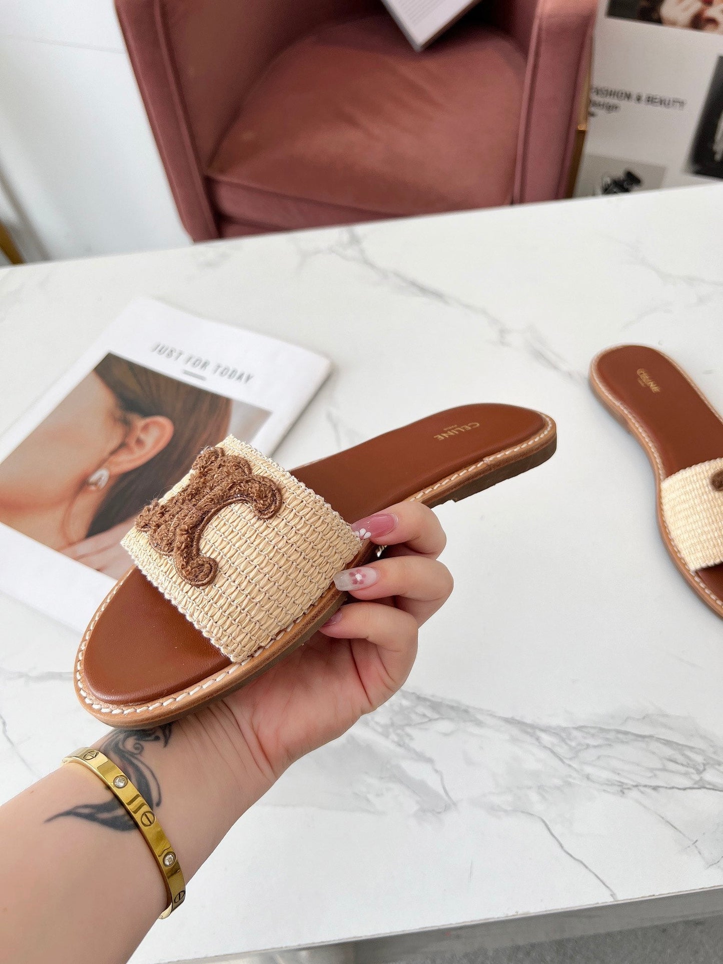 Celine Celine 25C Slippers Beige mix Coffee Fabric with Calfskin 238149