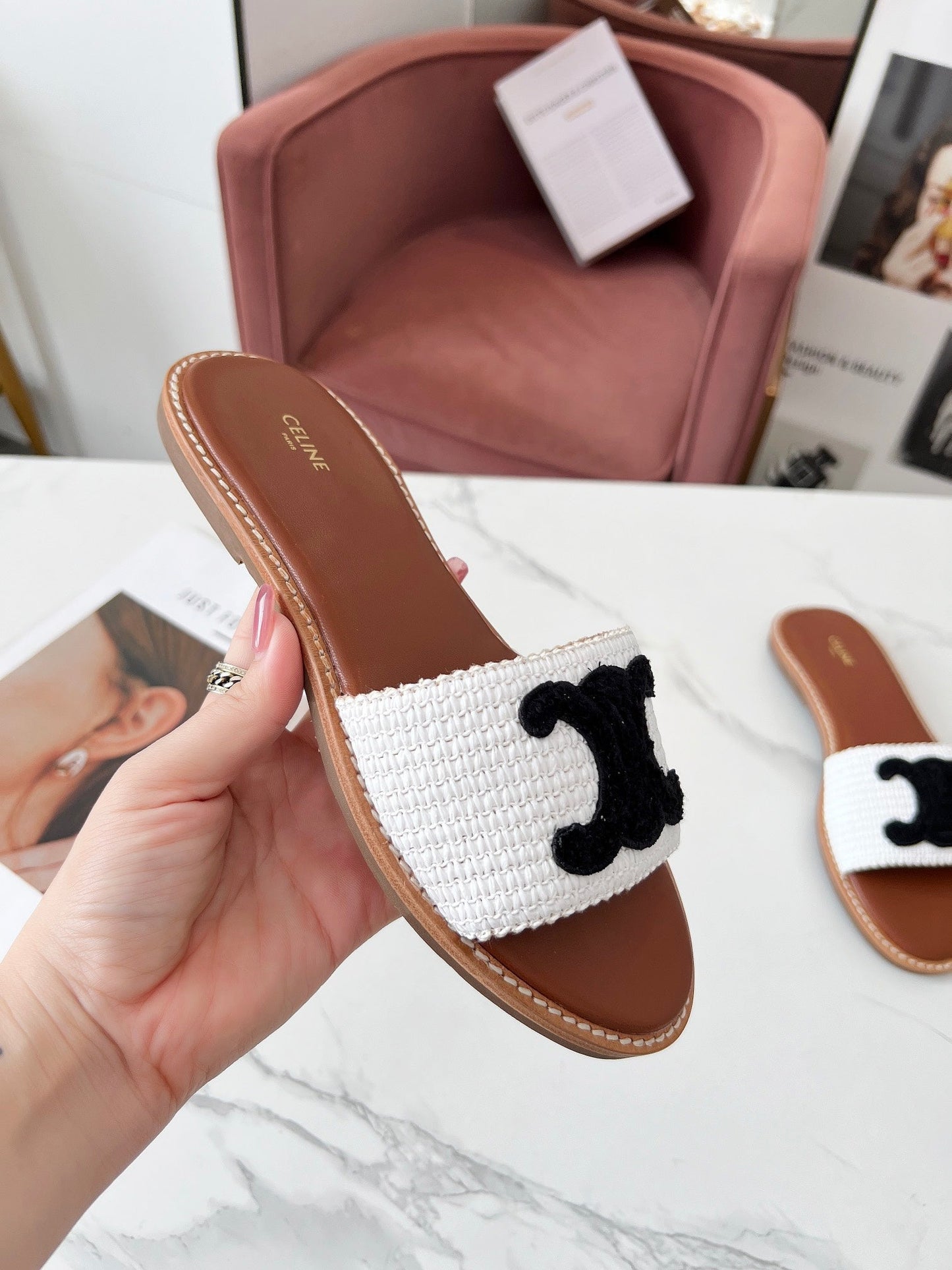 Celine Celine 25C Slippers White mix Black Fabric with Calfskin 238150