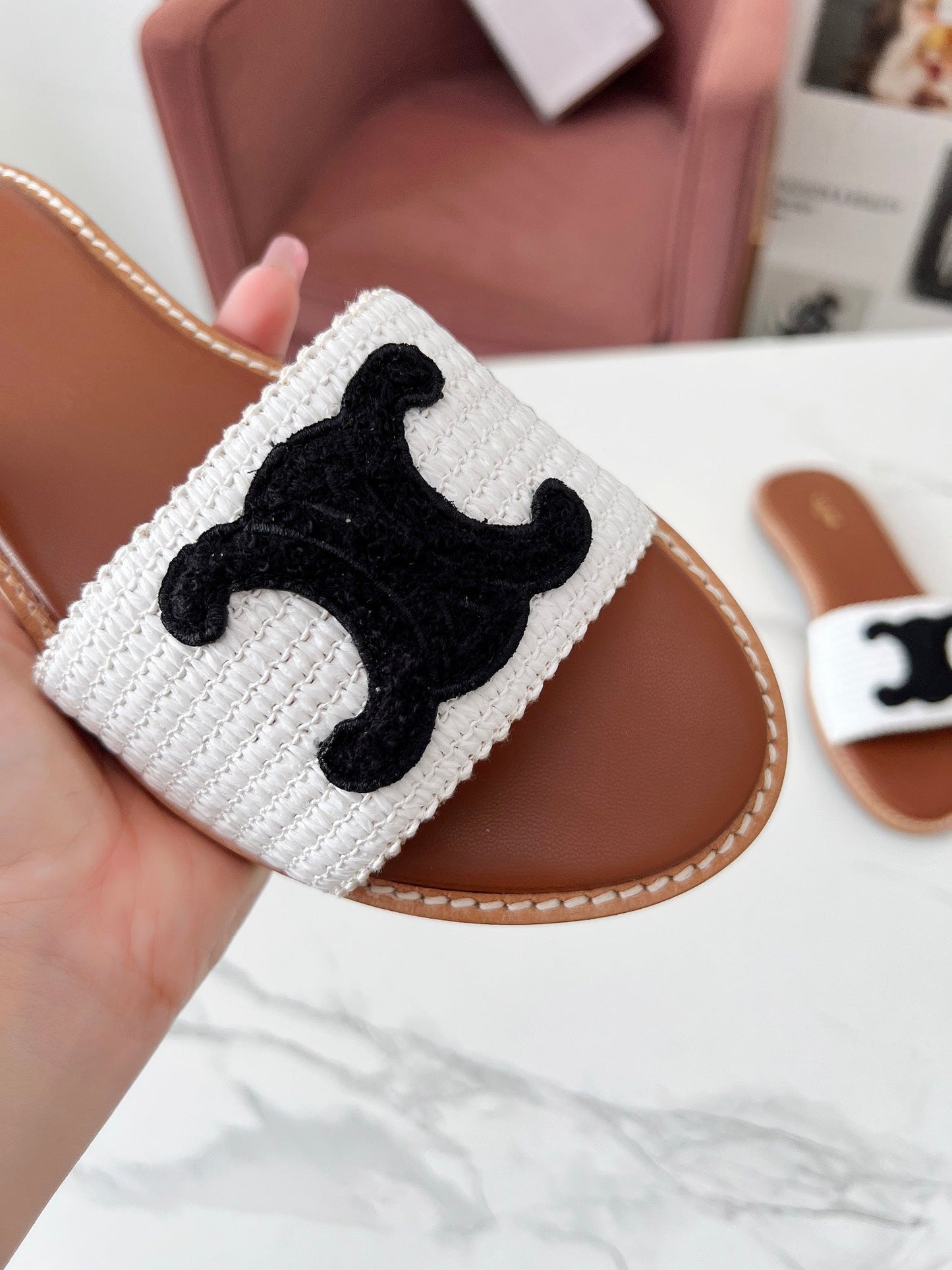 Celine Celine 25C Slippers White mix Black Fabric with Calfskin 238150