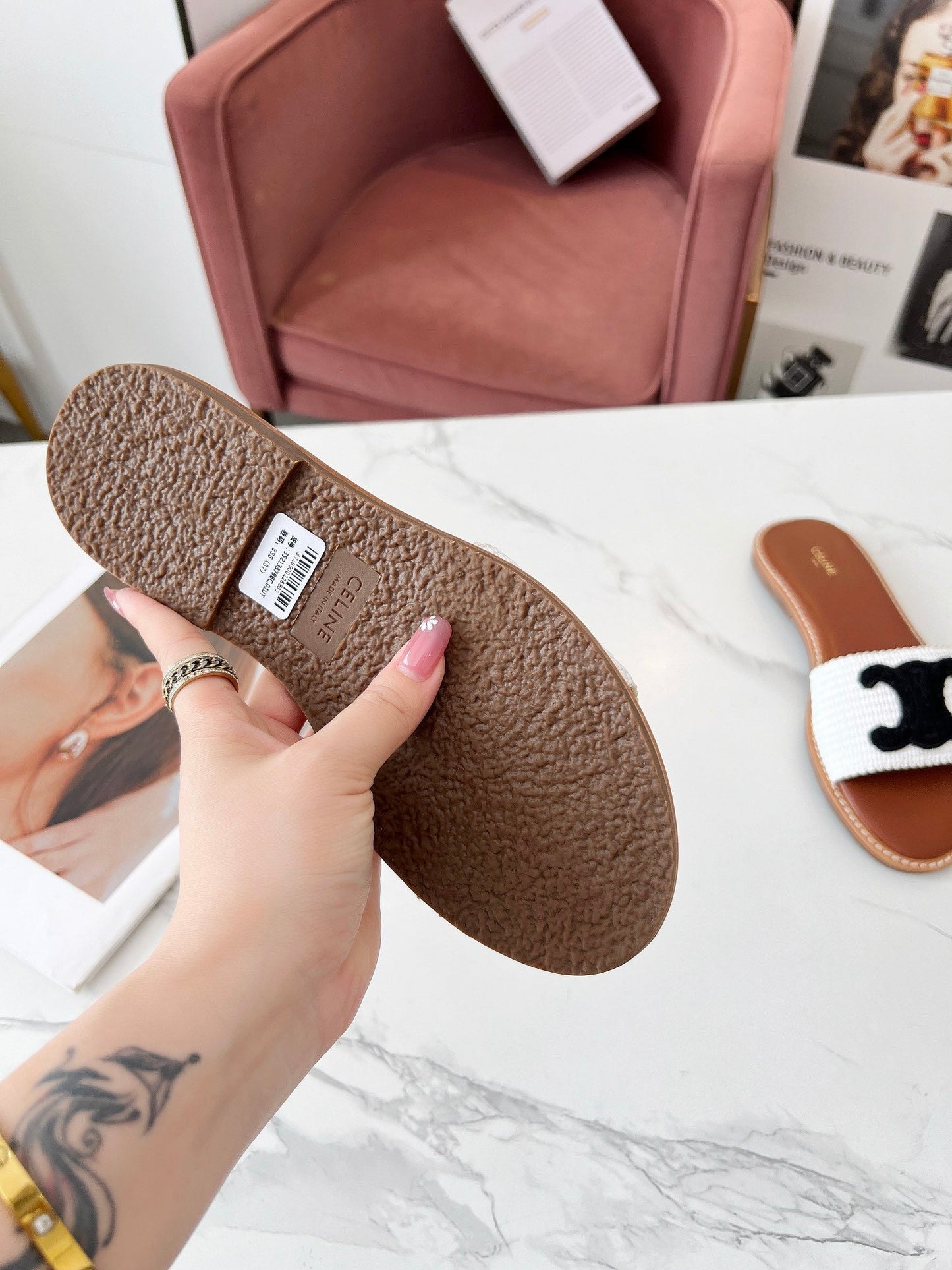Celine Celine 25C Slippers White mix Black Fabric with Calfskin 238150