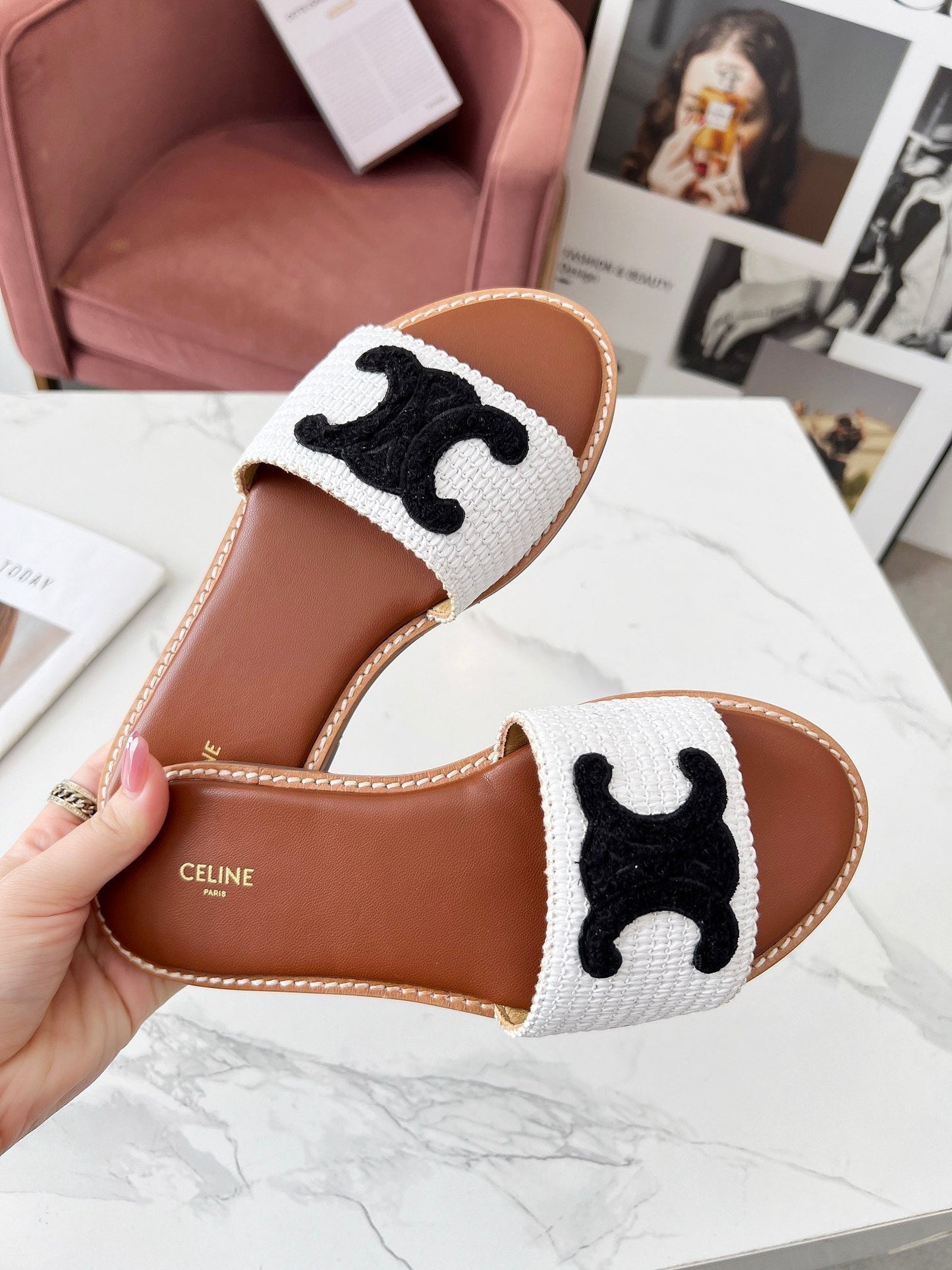 Celine Celine 25C Slippers White mix Black Fabric with Calfskin 238150