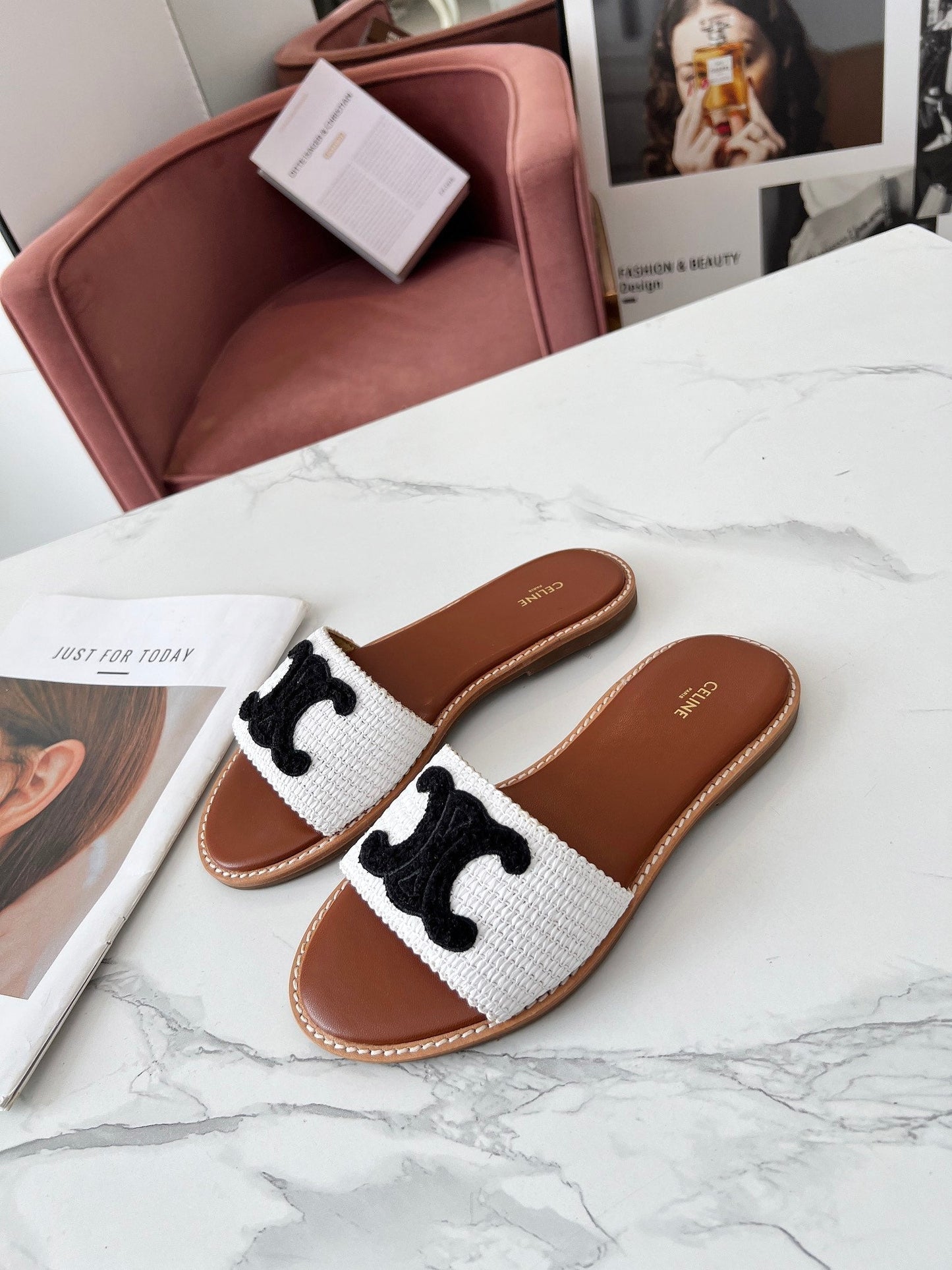 Celine Celine 25C Slippers White mix Black Fabric with Calfskin 238150