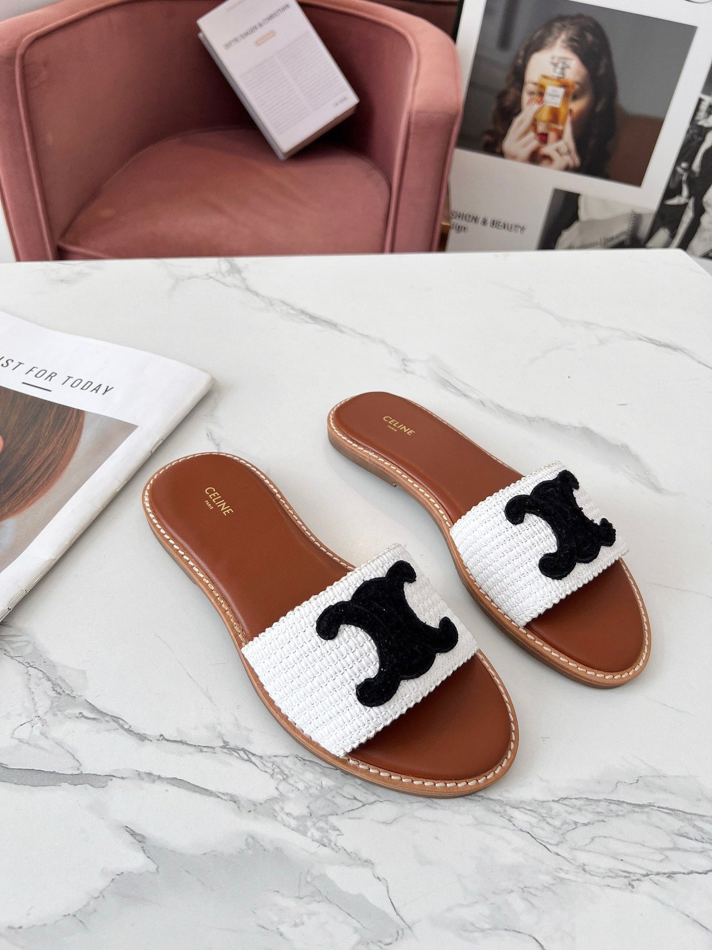 Celine Celine 25C Slippers White mix Black Fabric with Calfskin 238150