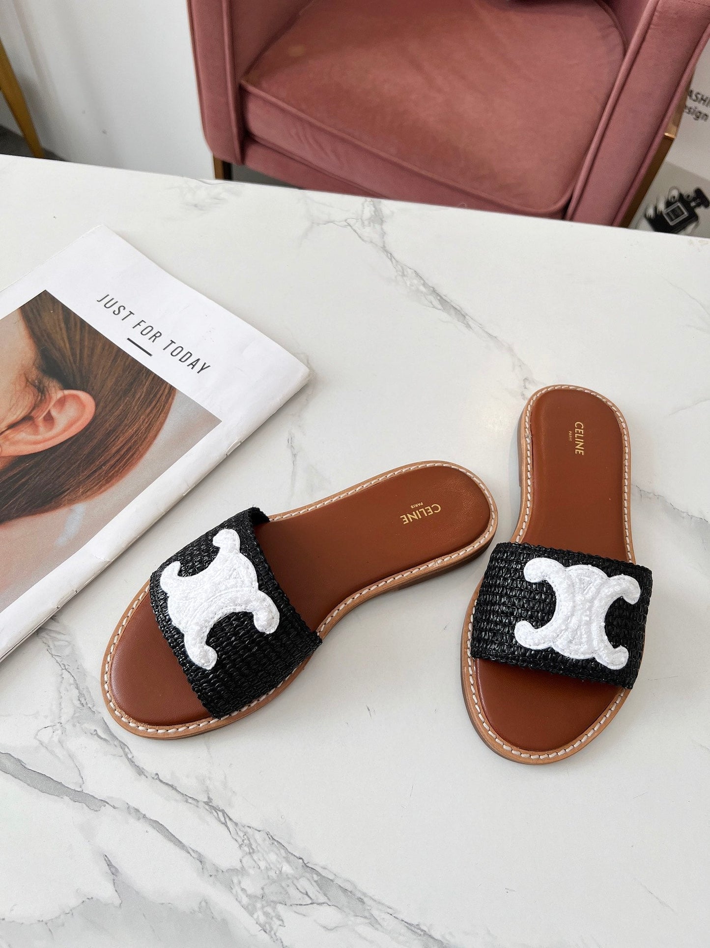 Celine Celine 25C Slippers Black mix White Fabric with Calfskin 238151