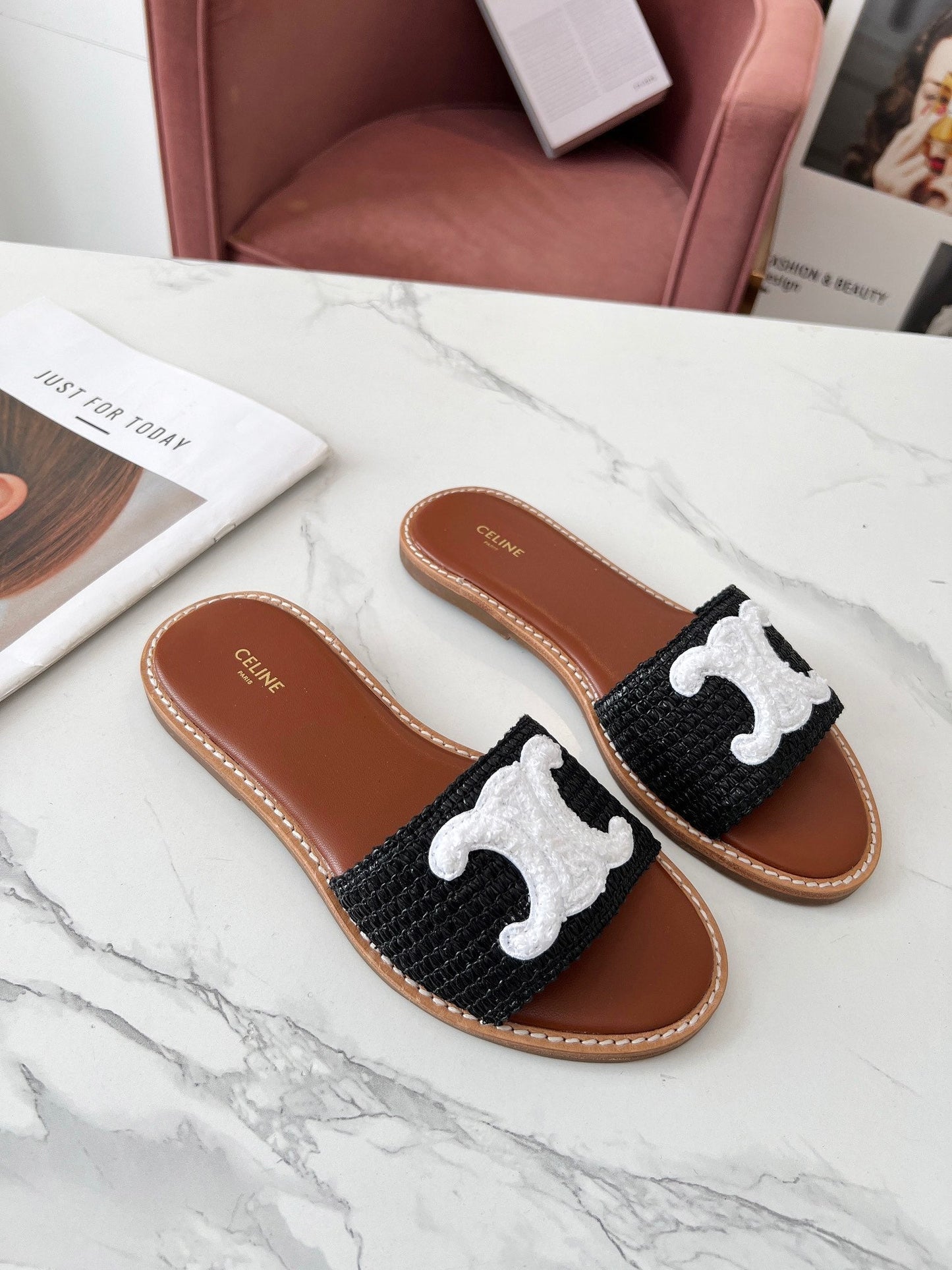Celine Celine 25C Slippers Black mix White Fabric with Calfskin 238151