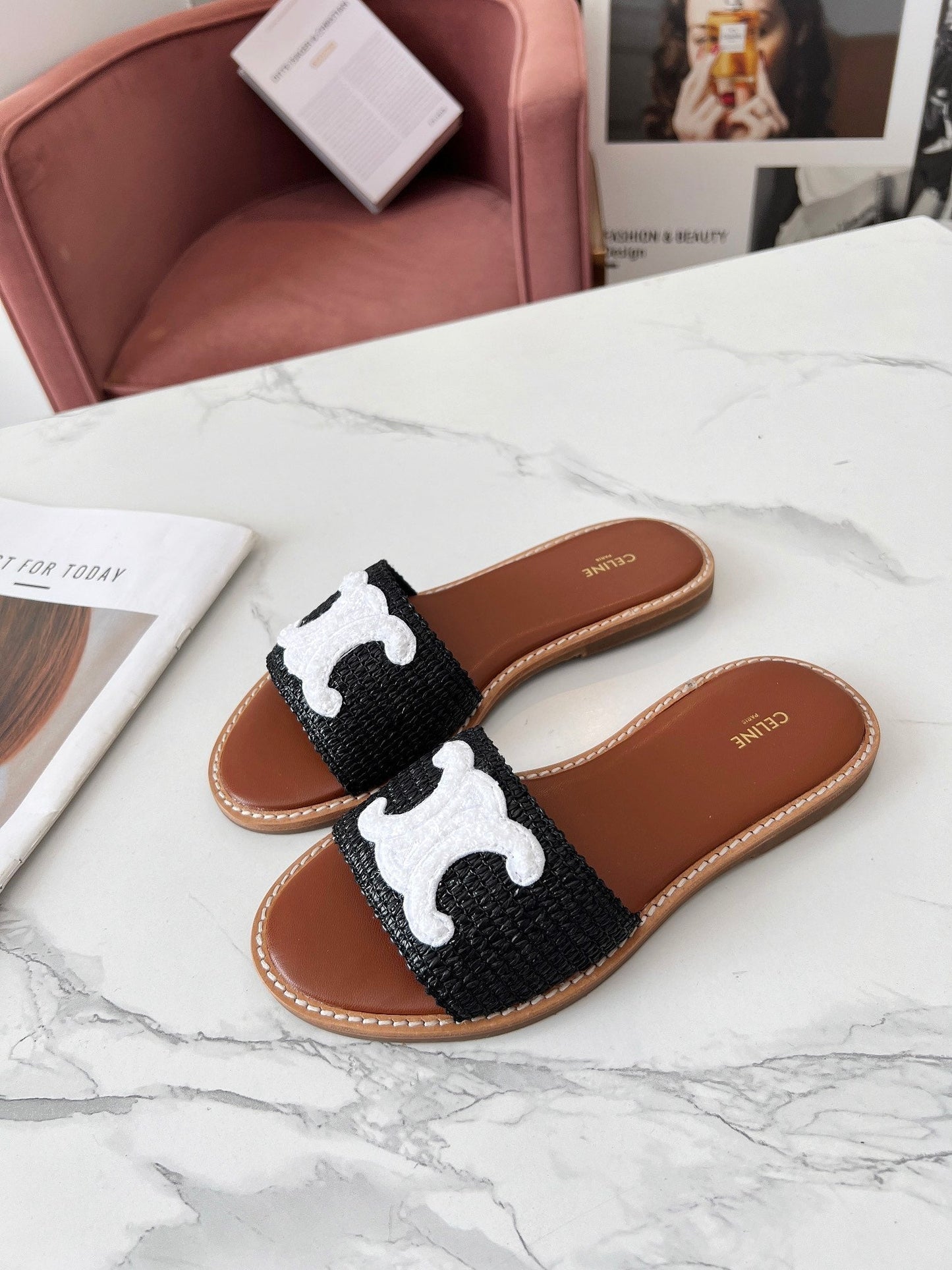 Celine Celine 25C Slippers Black mix White Fabric with Calfskin 238151