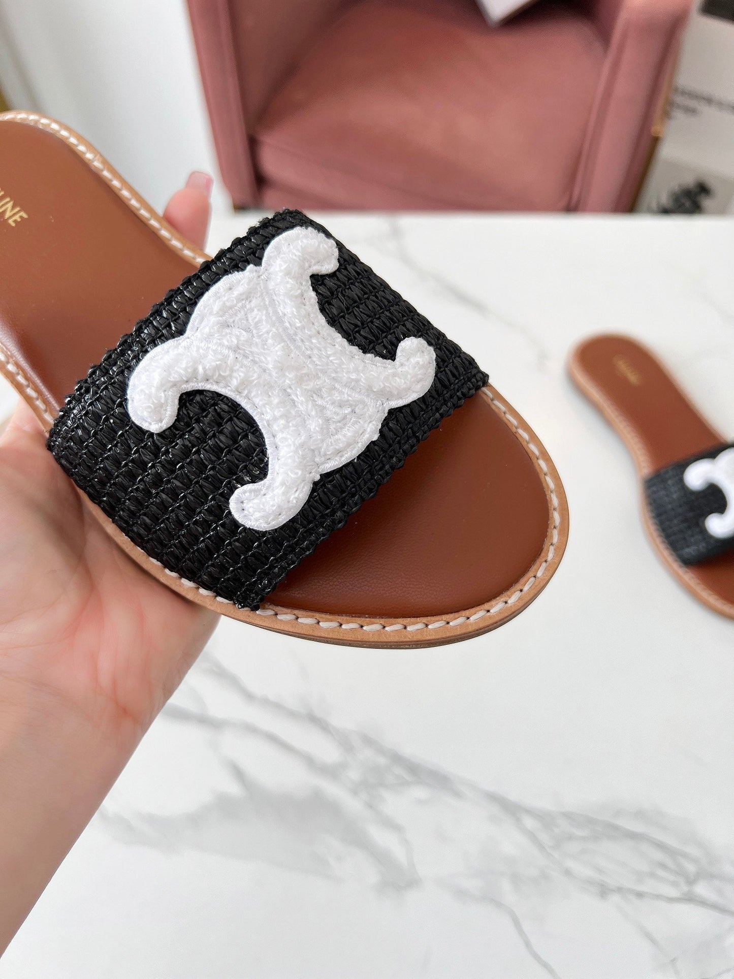 Celine Celine 25C Slippers Black mix White Fabric with Calfskin 238151