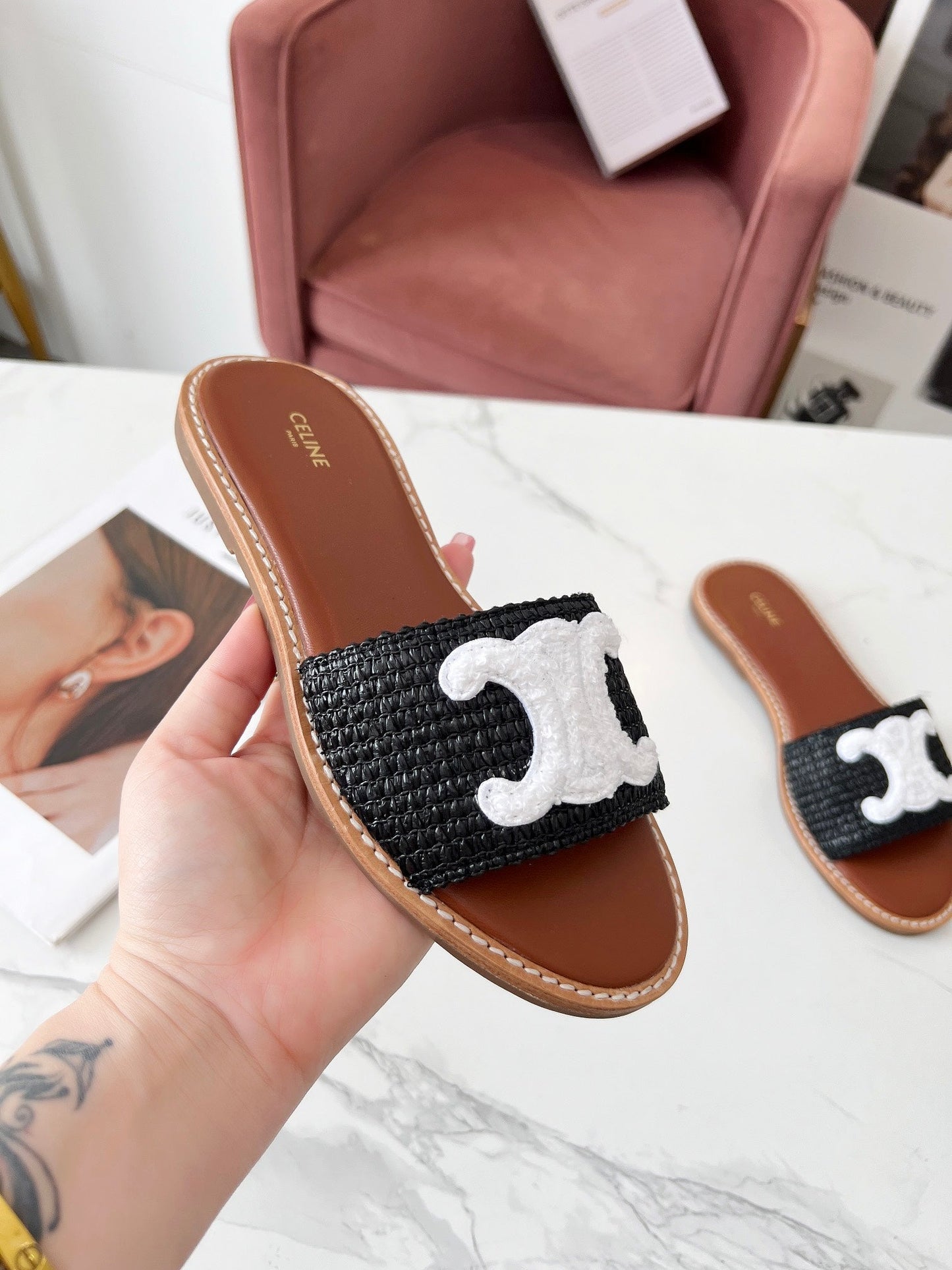 Celine Celine 25C Slippers Black mix White Fabric with Calfskin 238151