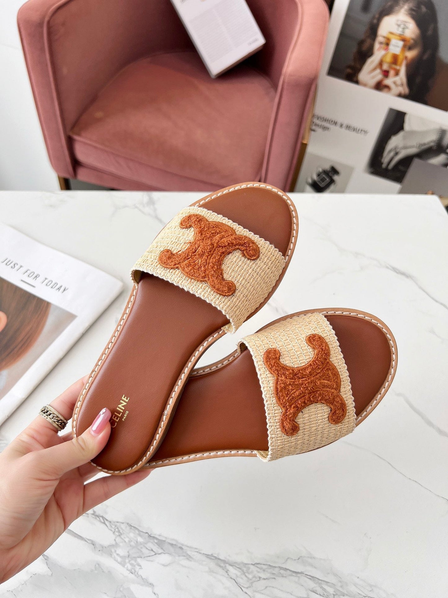 Celine Celine 25C Slippers Beige mix Brown Fabric with Calfskin 238152