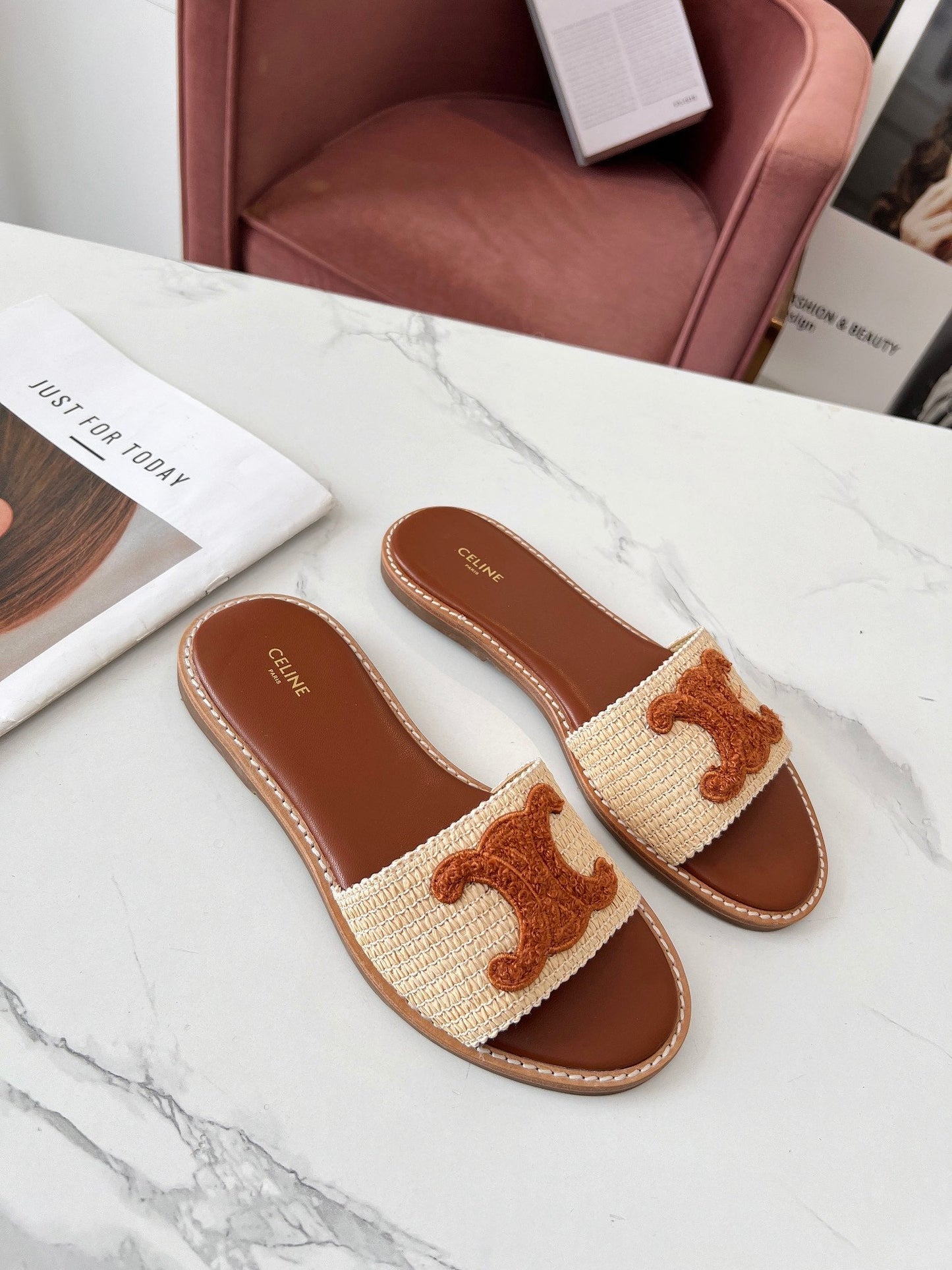 Celine Celine 25C Slippers Beige mix Brown Fabric with Calfskin 238152