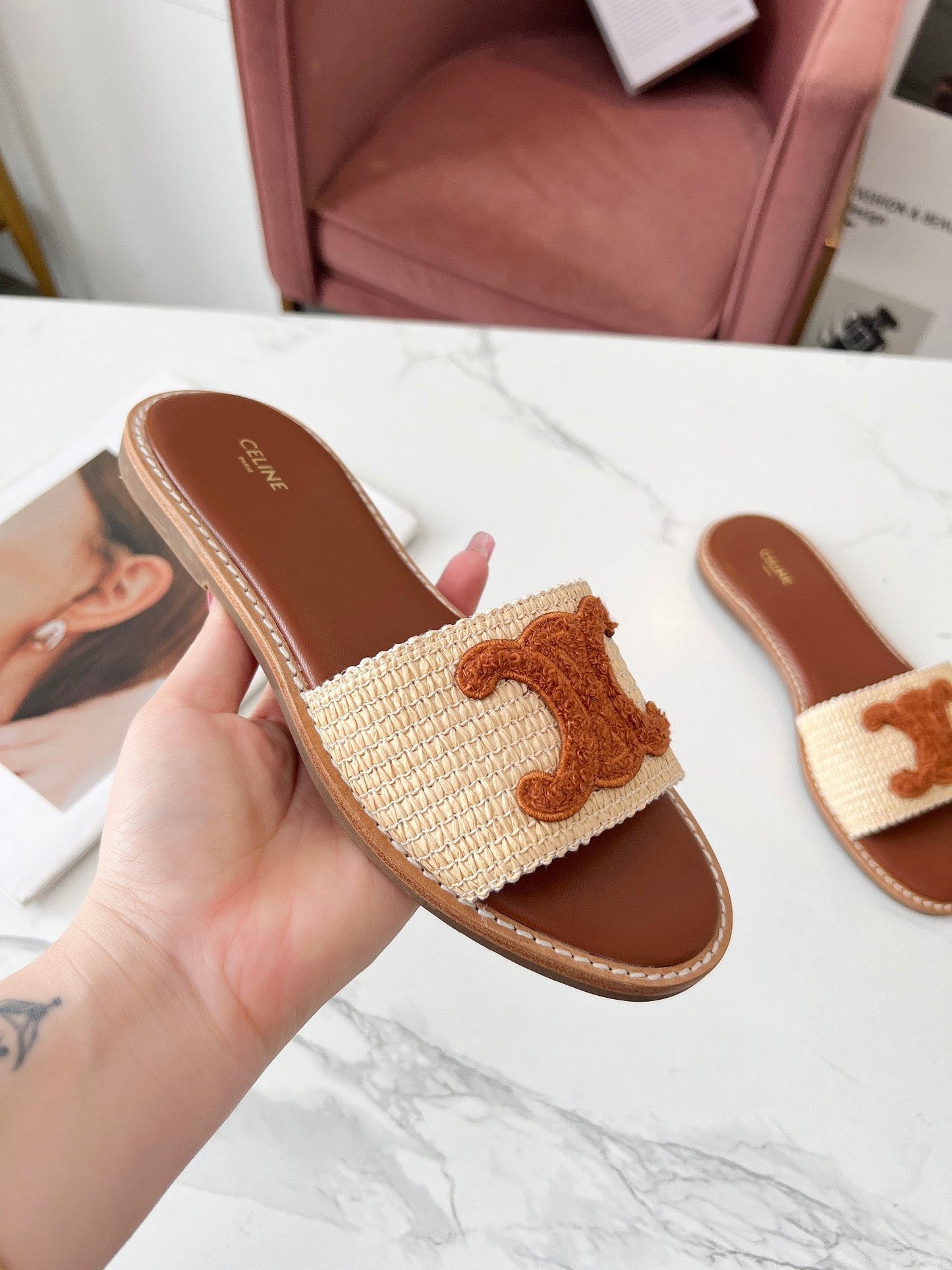 Celine Celine 25C Slippers Beige mix Brown Fabric with Calfskin 238152