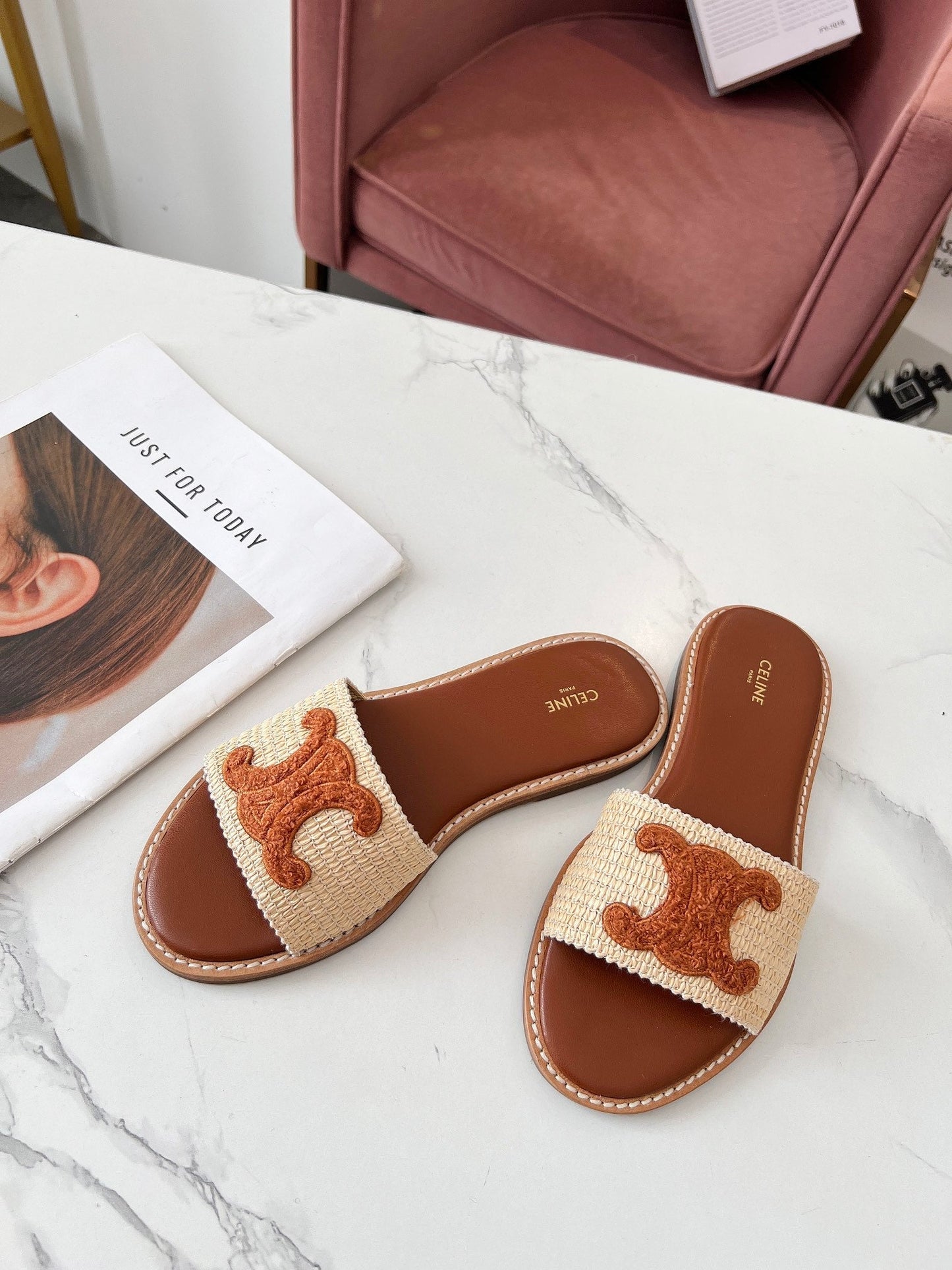 Celine Celine 25C Slippers Beige mix Brown Fabric with Calfskin 238152