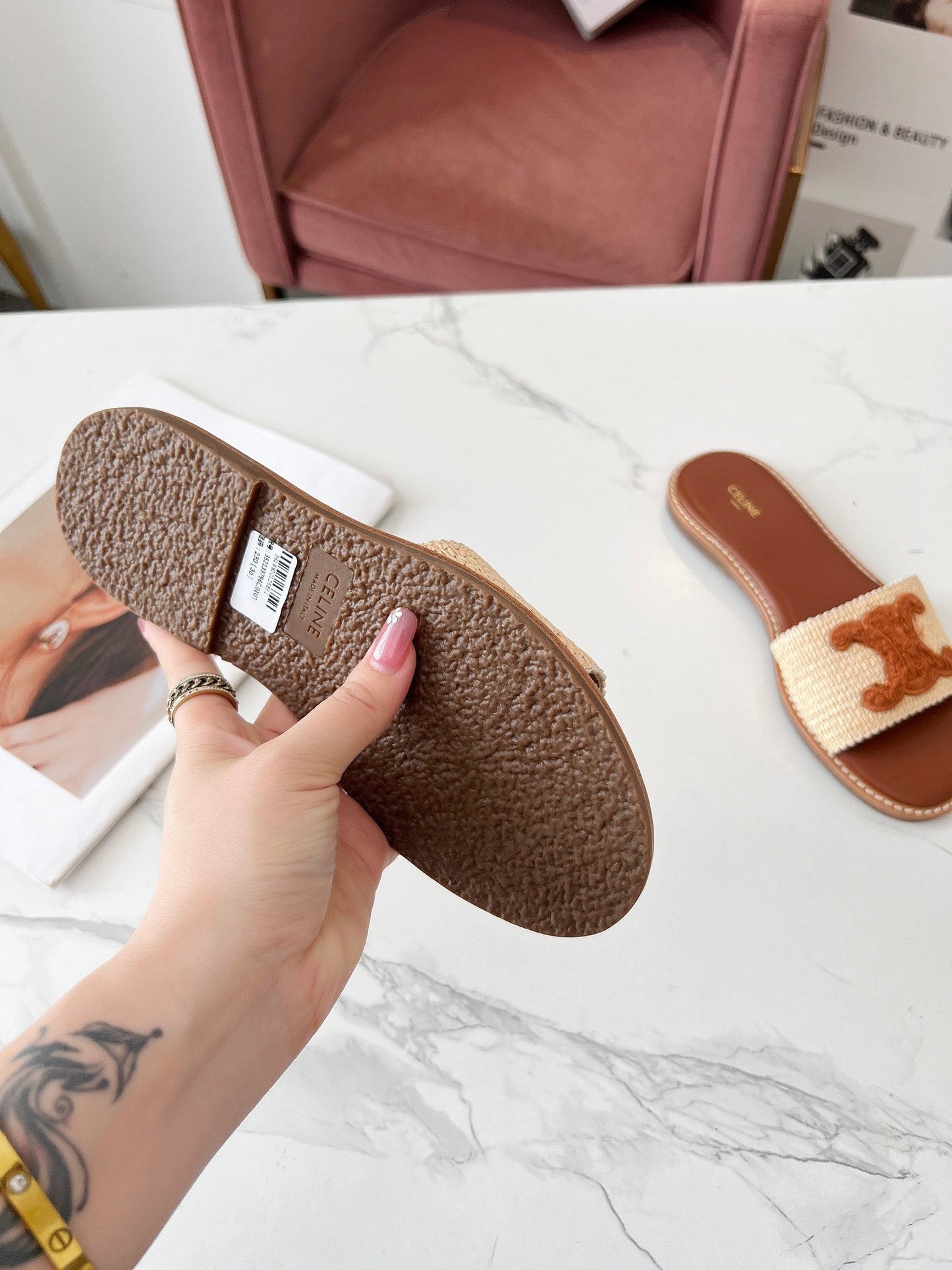 Celine Celine 25C Slippers Beige mix Brown Fabric with Calfskin 238152