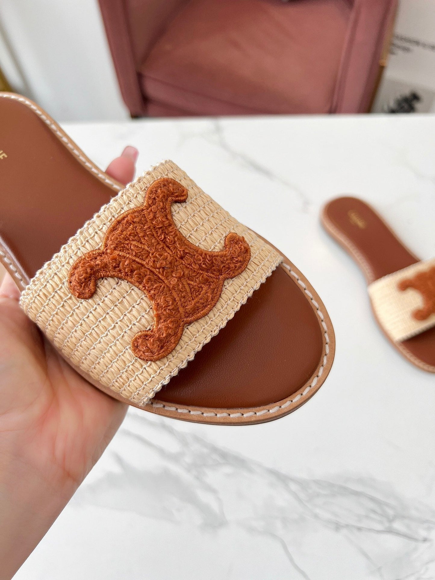 Celine Celine 25C Slippers Beige mix Brown Fabric with Calfskin 238152