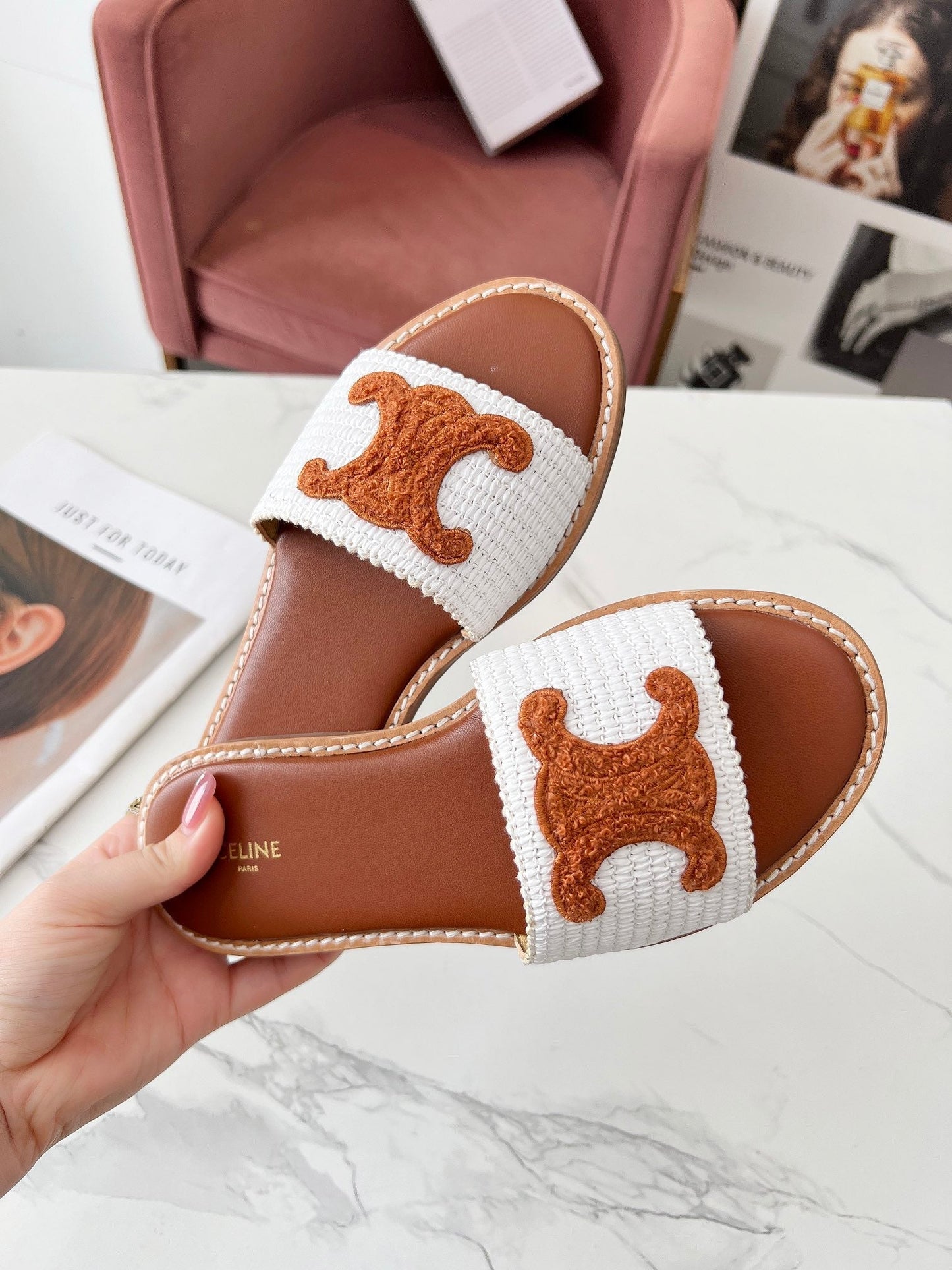 Celine Celine 25C Slippers White mix Brown Fabric with Calfskin 238153