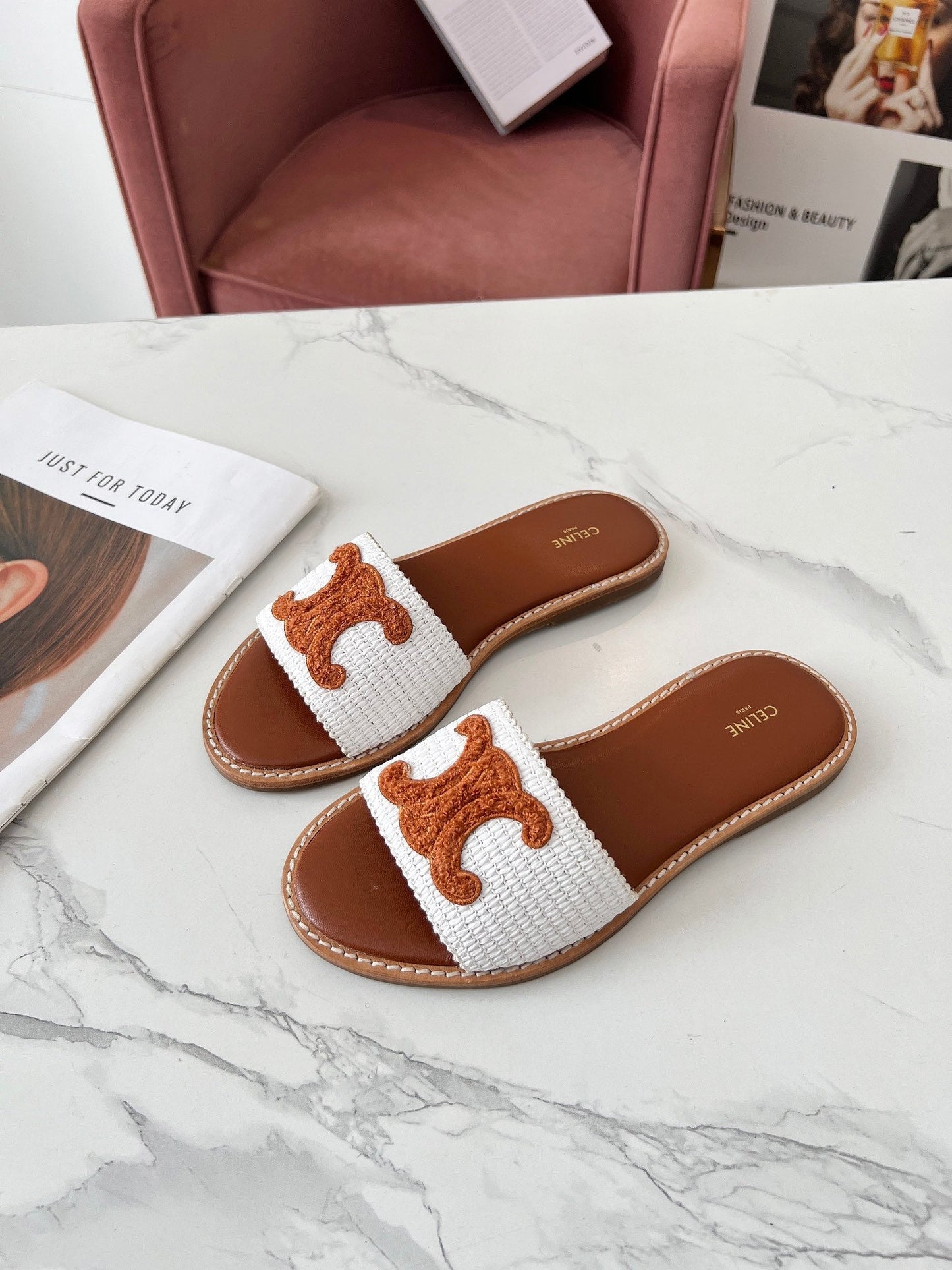 Celine Celine 25C Slippers White mix Brown Fabric with Calfskin 238153