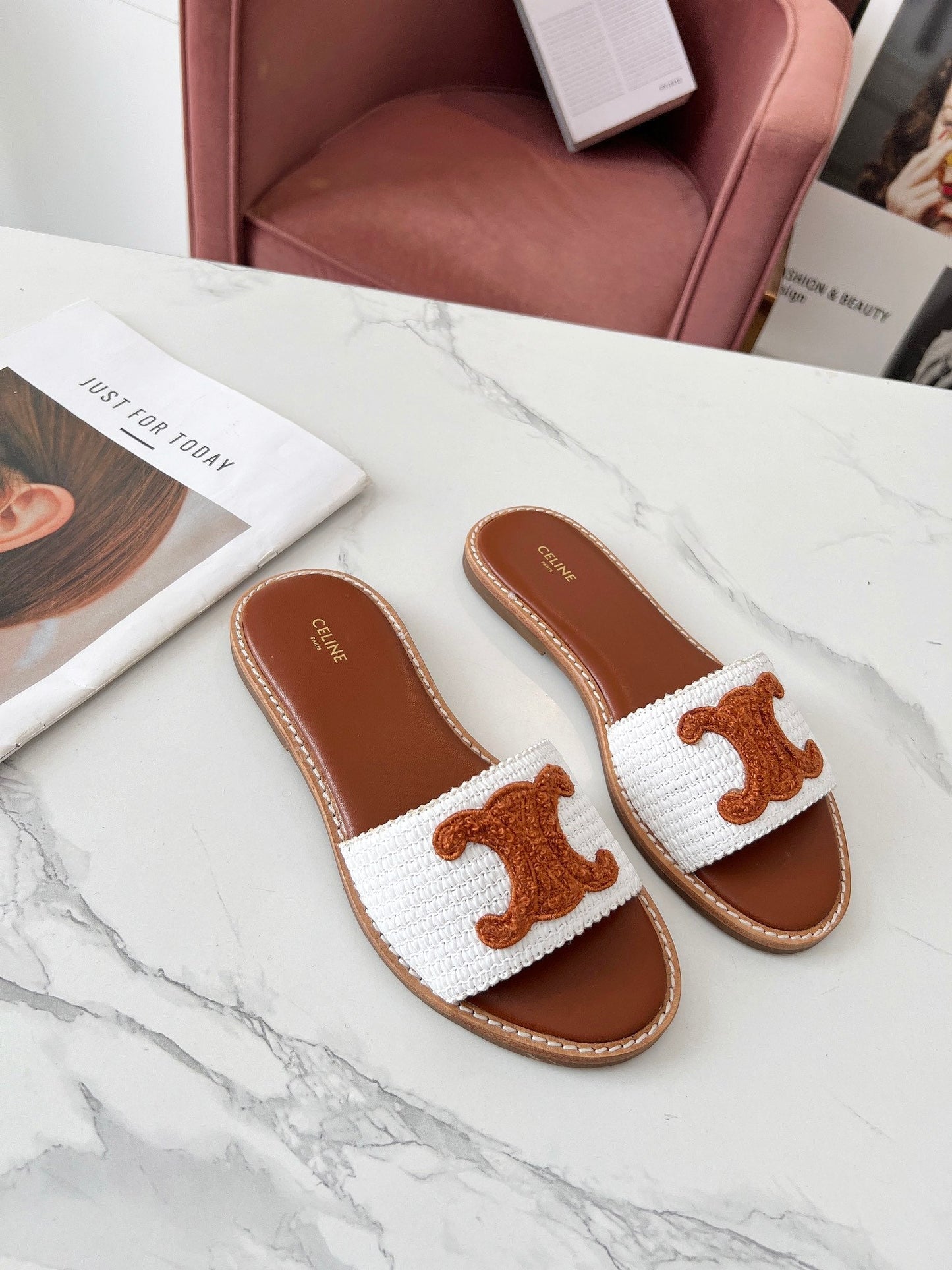 Celine Celine 25C Slippers White mix Brown Fabric with Calfskin 238153