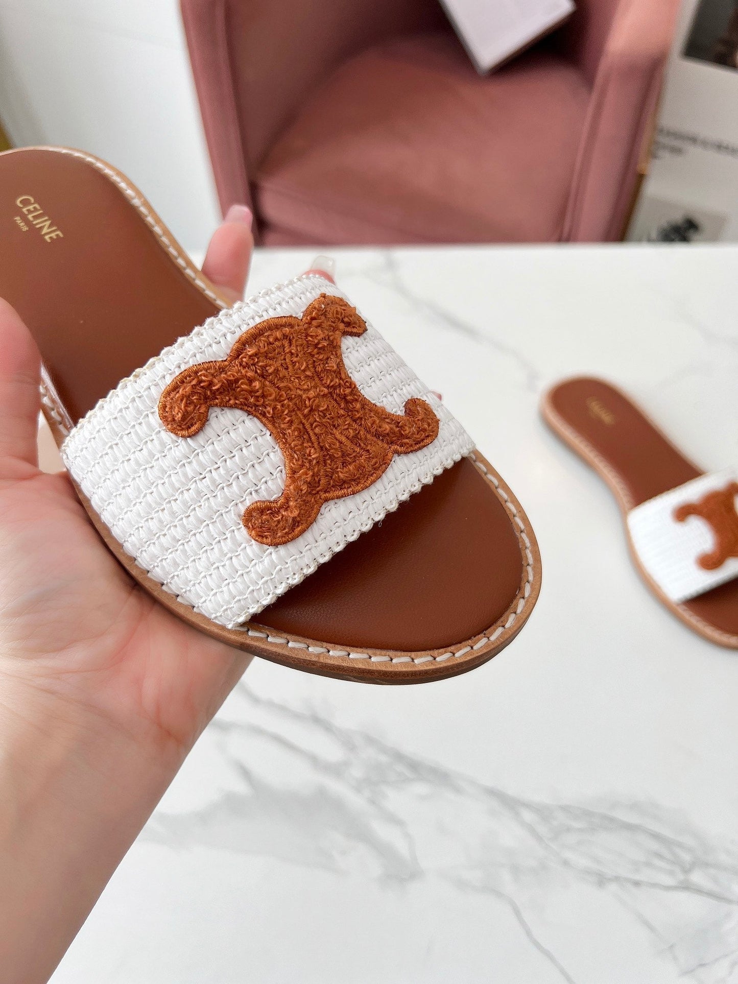 Celine Celine 25C Slippers White mix Brown Fabric with Calfskin 238153