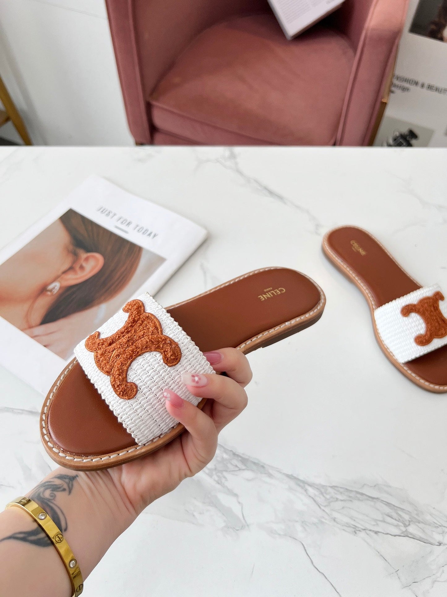 Celine Celine 25C Slippers White mix Brown Fabric with Calfskin 238153