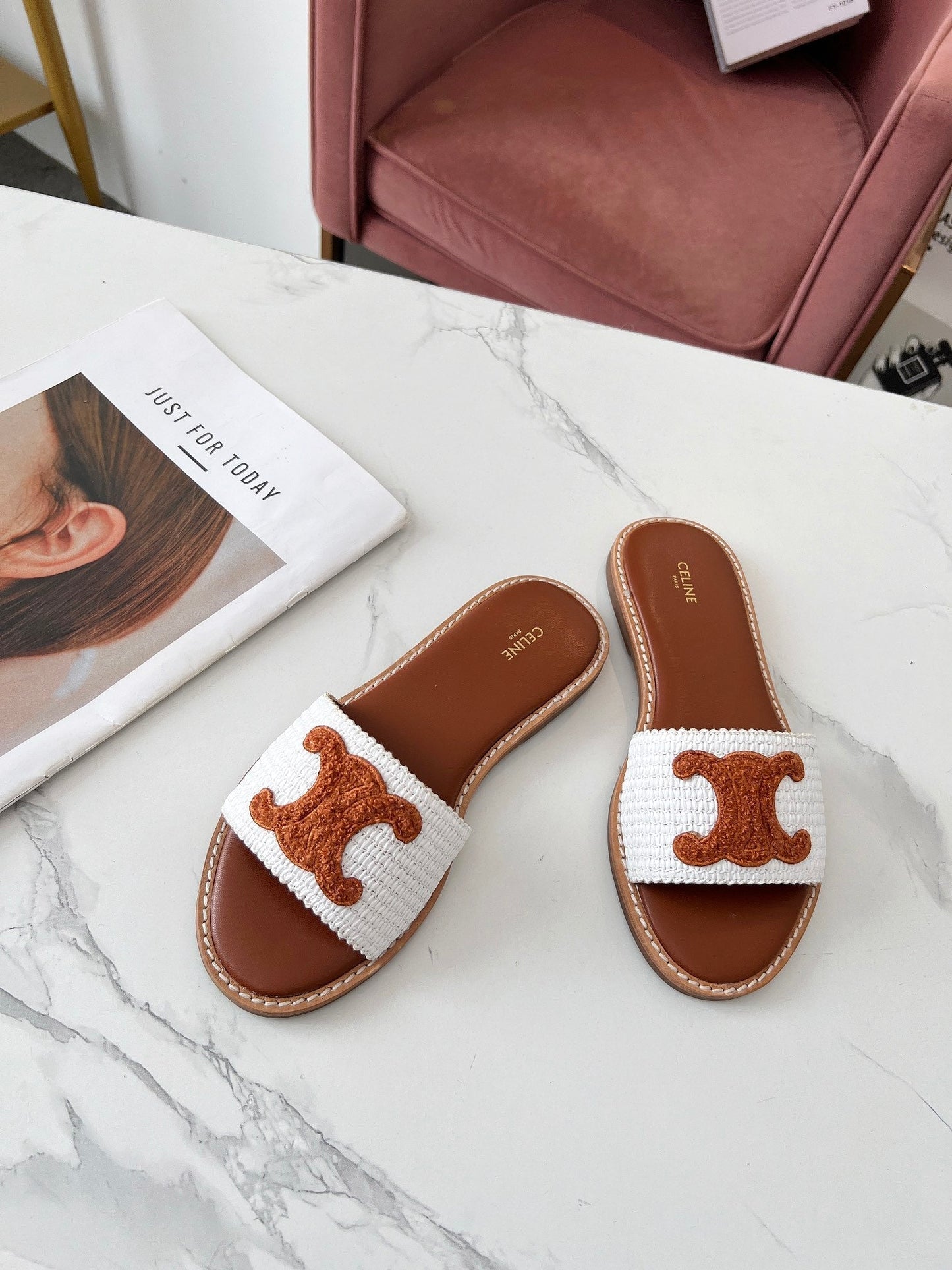 Celine Celine 25C Slippers White mix Brown Fabric with Calfskin 238153