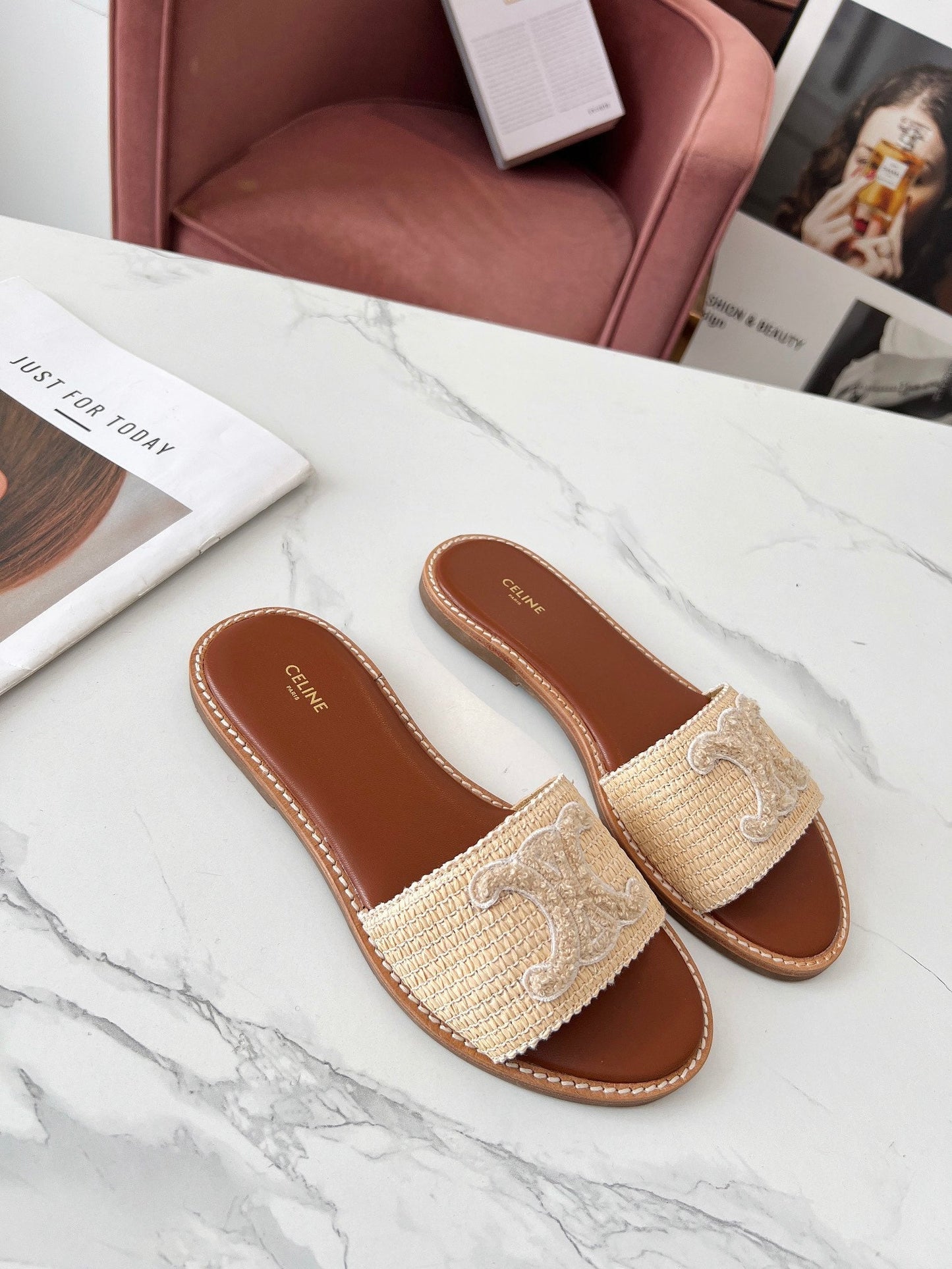 Celine Celine 25C Slippers Beige Fabric with Calfskin 238154