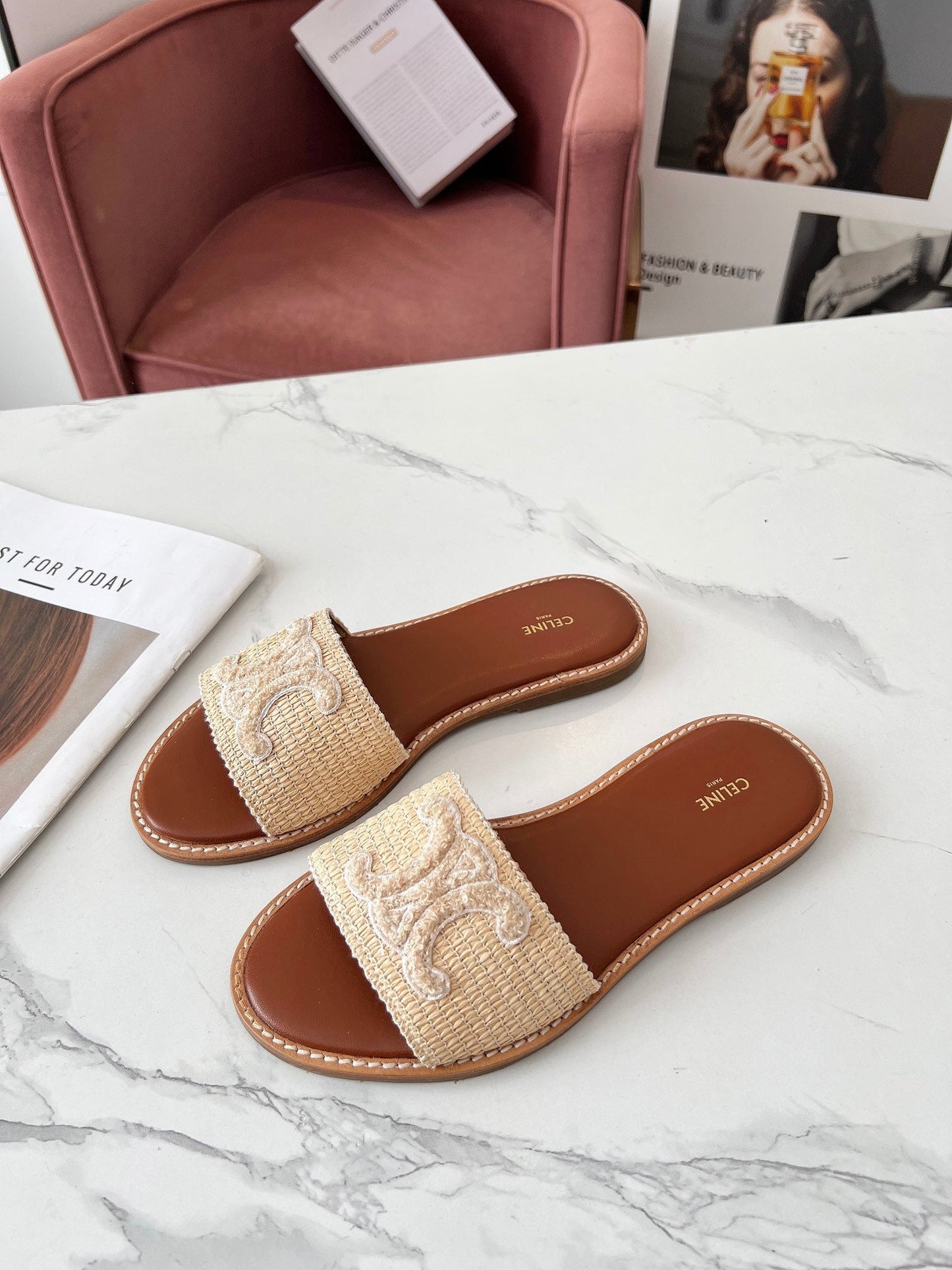 Celine Celine 25C Slippers Beige Fabric with Calfskin 238154