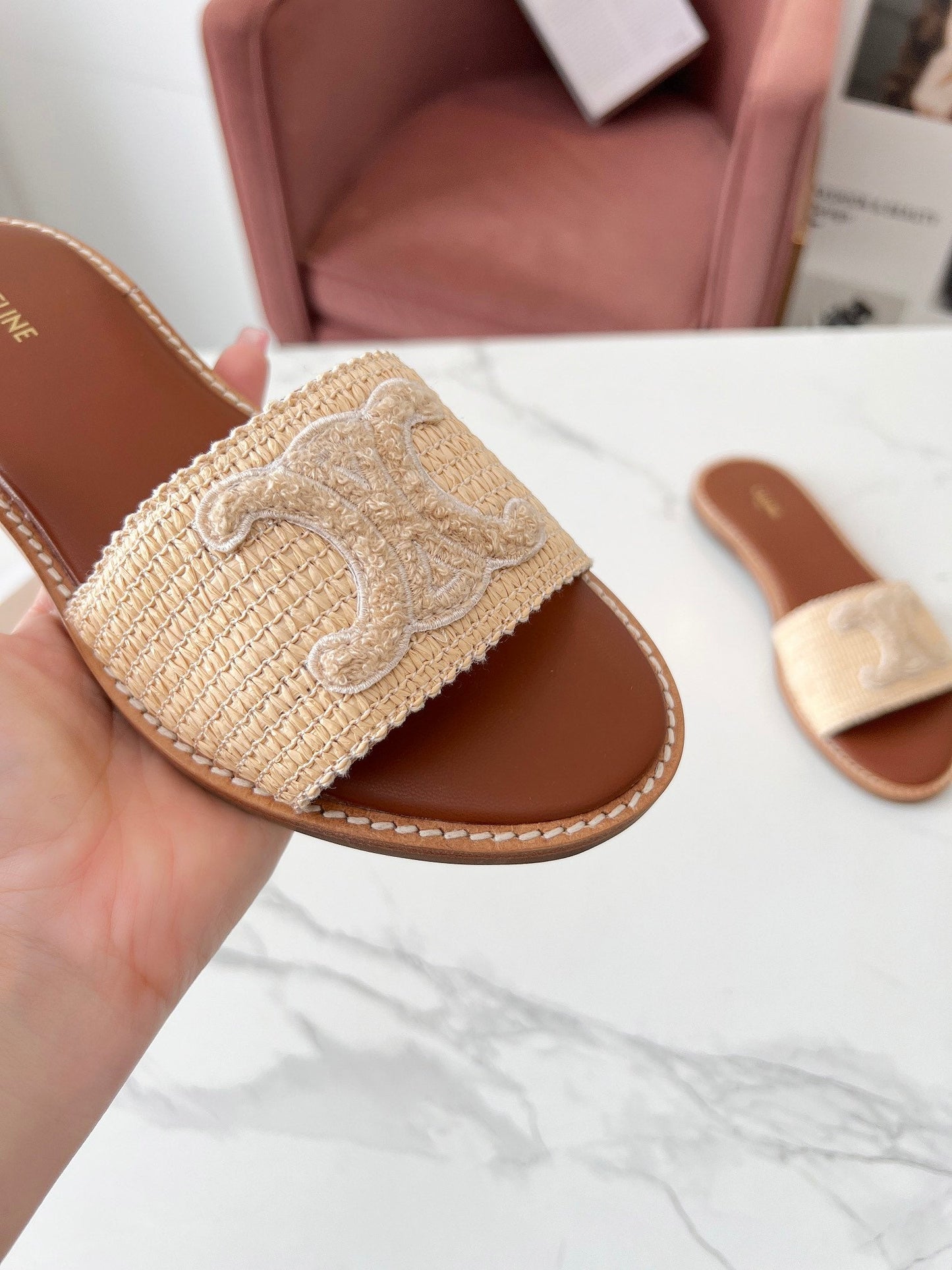 Celine Celine 25C Slippers Beige Fabric with Calfskin 238154