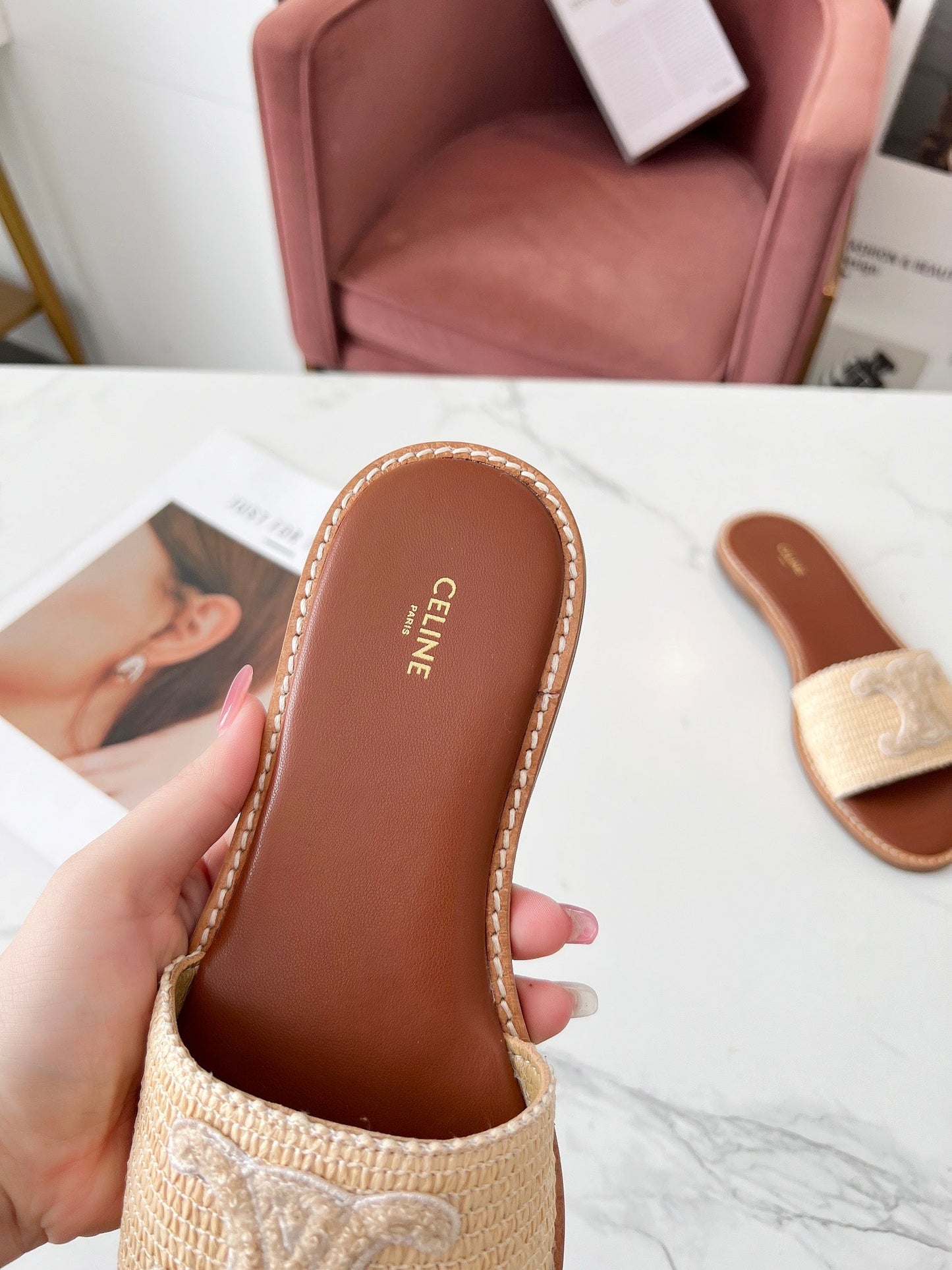Celine Celine 25C Slippers Beige Fabric with Calfskin 238154