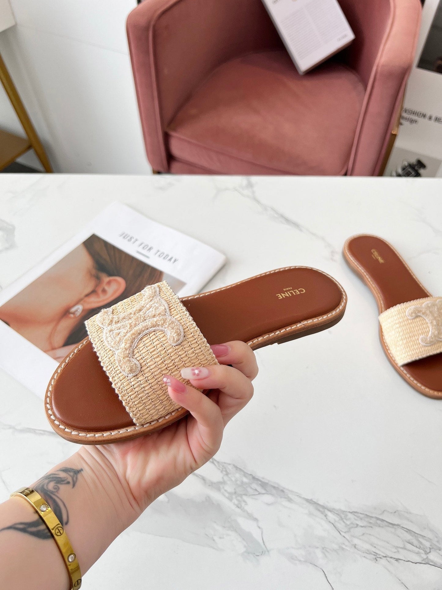 Celine Celine 25C Slippers Beige Fabric with Calfskin 238154