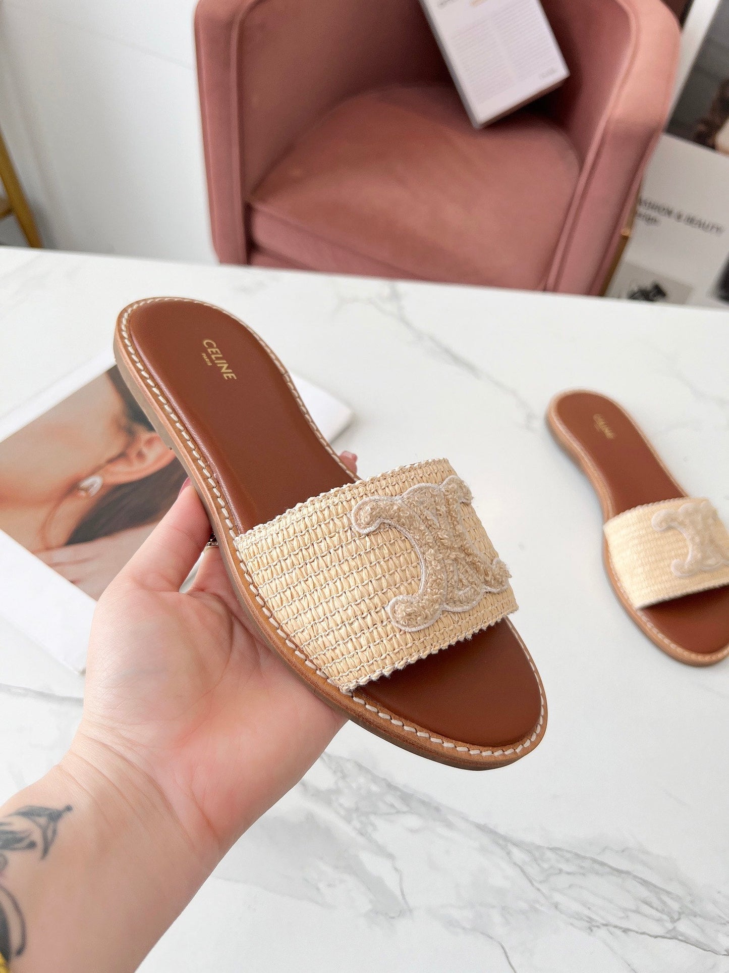 Celine Celine 25C Slippers Beige Fabric with Calfskin 238154