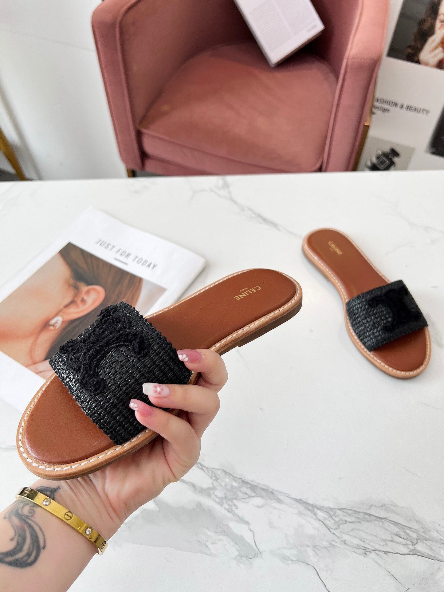 Celine Celine 25C Slippers Black Fabric with Calfskin 238155