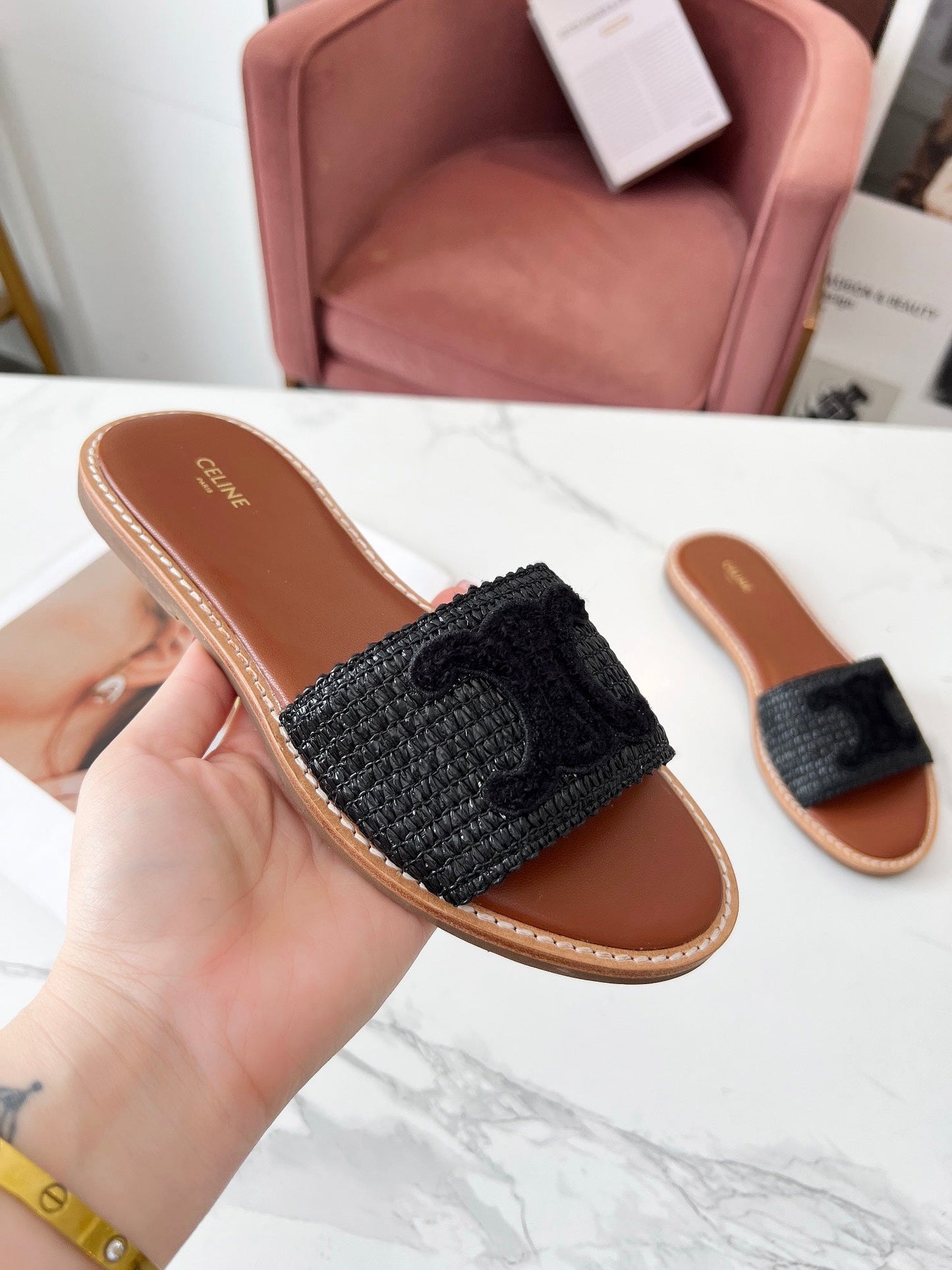Celine Celine 25C Slippers Black Fabric with Calfskin 238155