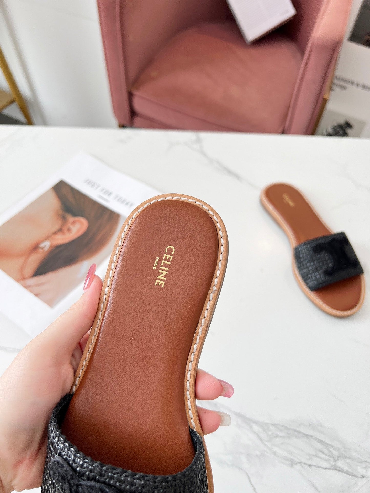 Celine Celine 25C Slippers Black Fabric with Calfskin 238155
