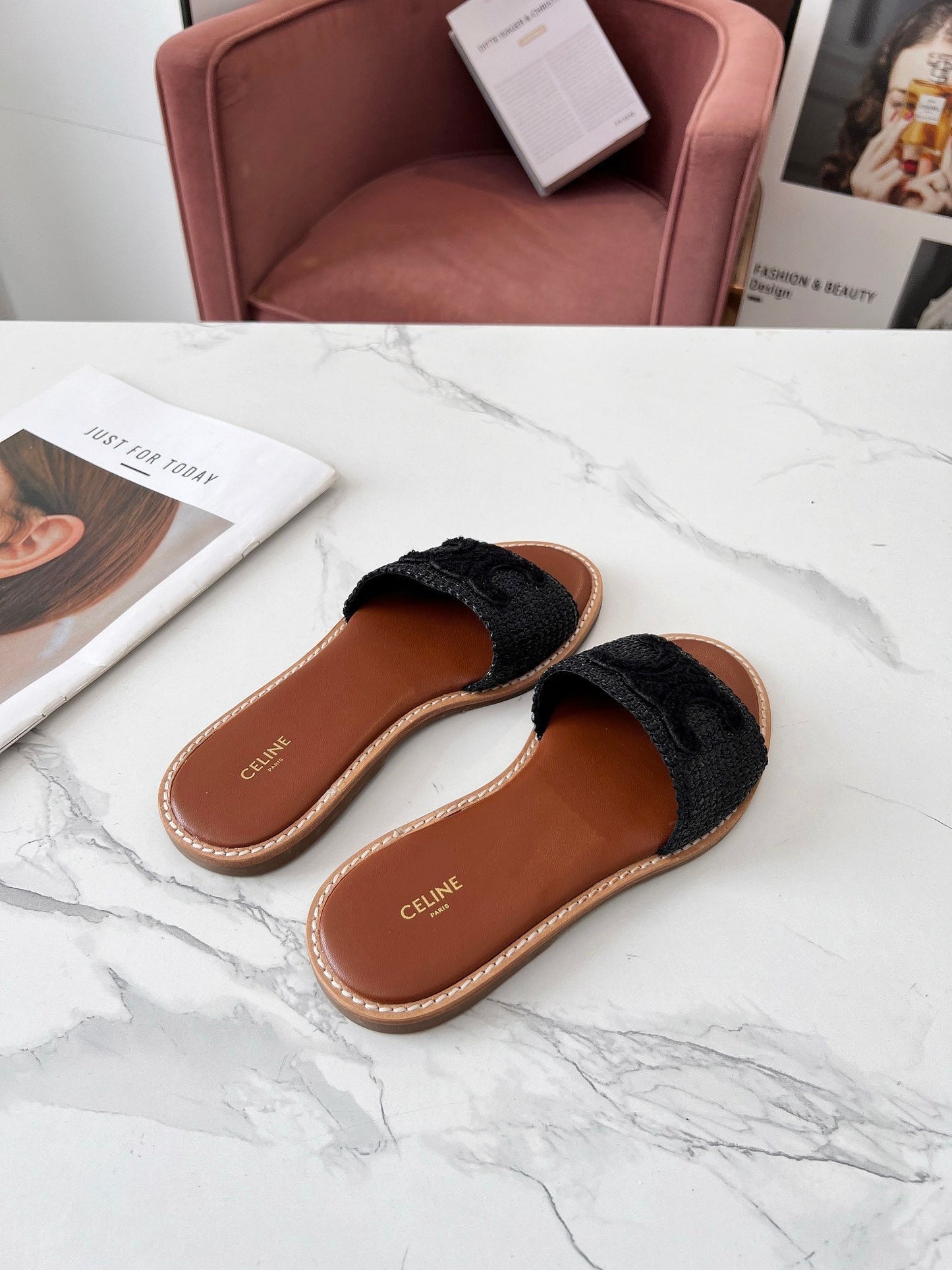 Celine Celine 25C Slippers Black Fabric with Calfskin 238155