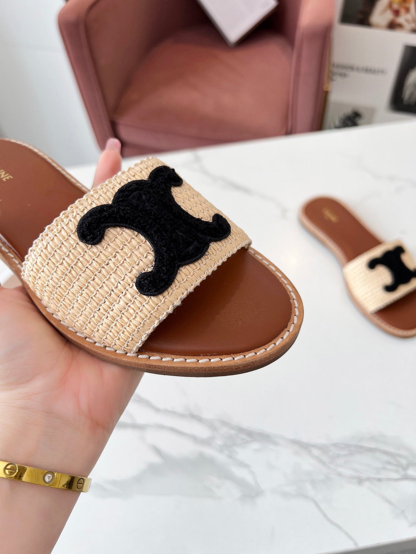 Celine Celine 25C Slippers Beige mix Black Fabric with Calfskin 238156