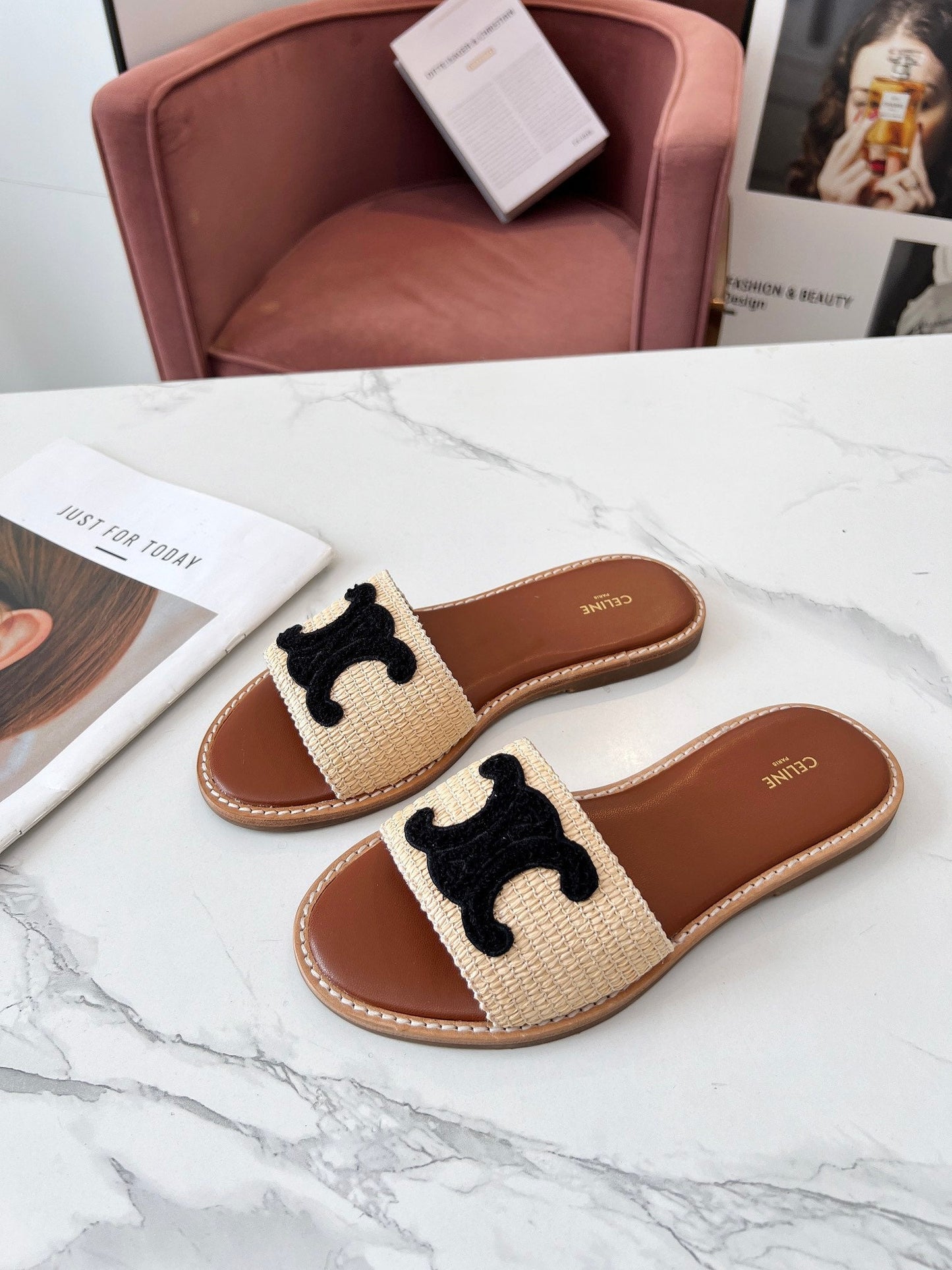 Celine Celine 25C Slippers Beige mix Black Fabric with Calfskin 238156