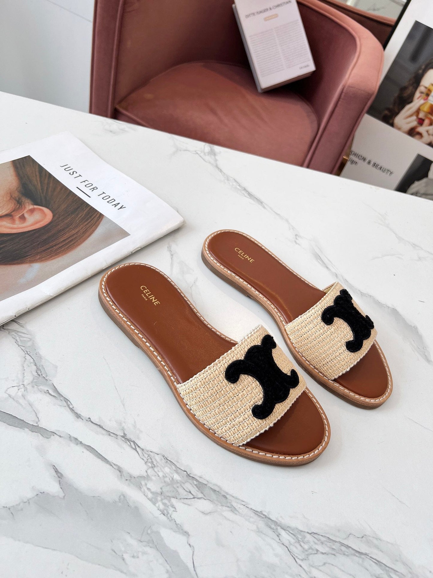 Celine Celine 25C Slippers Beige mix Black Fabric with Calfskin 238156