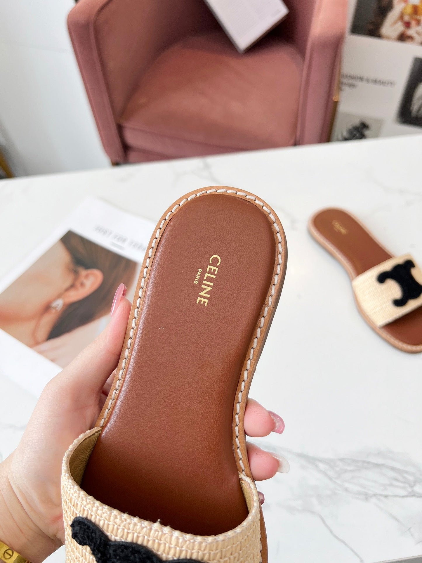 Celine Celine 25C Slippers Beige mix Black Fabric with Calfskin 238156