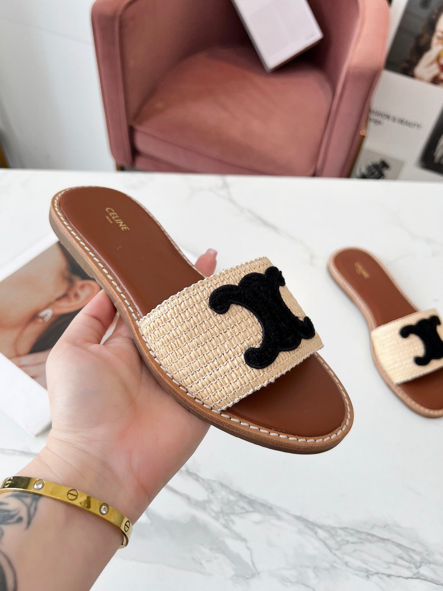 Celine Celine 25C Slippers Beige mix Black Fabric with Calfskin 238156
