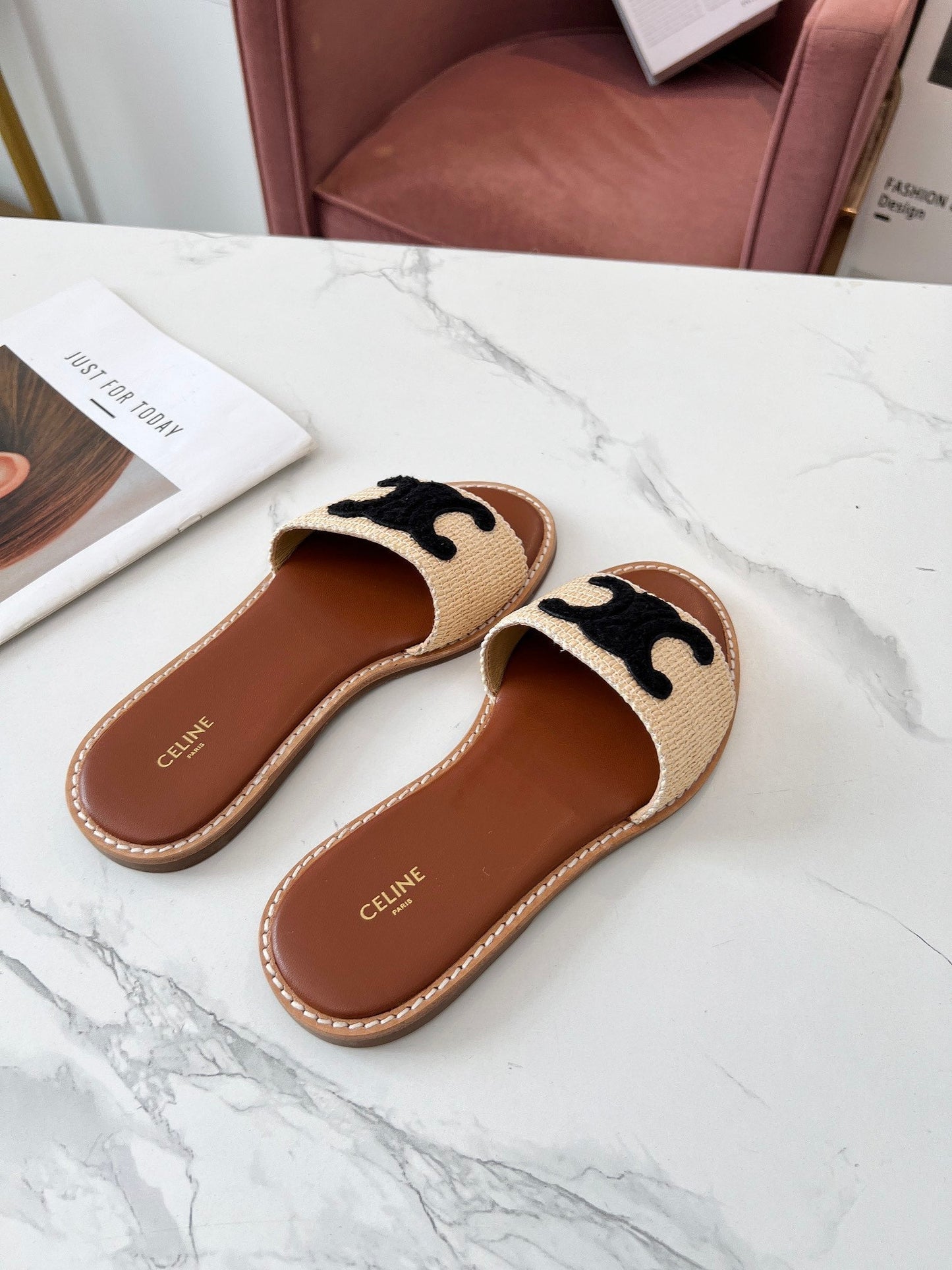 Celine Celine 25C Slippers Beige mix Black Fabric with Calfskin 238156