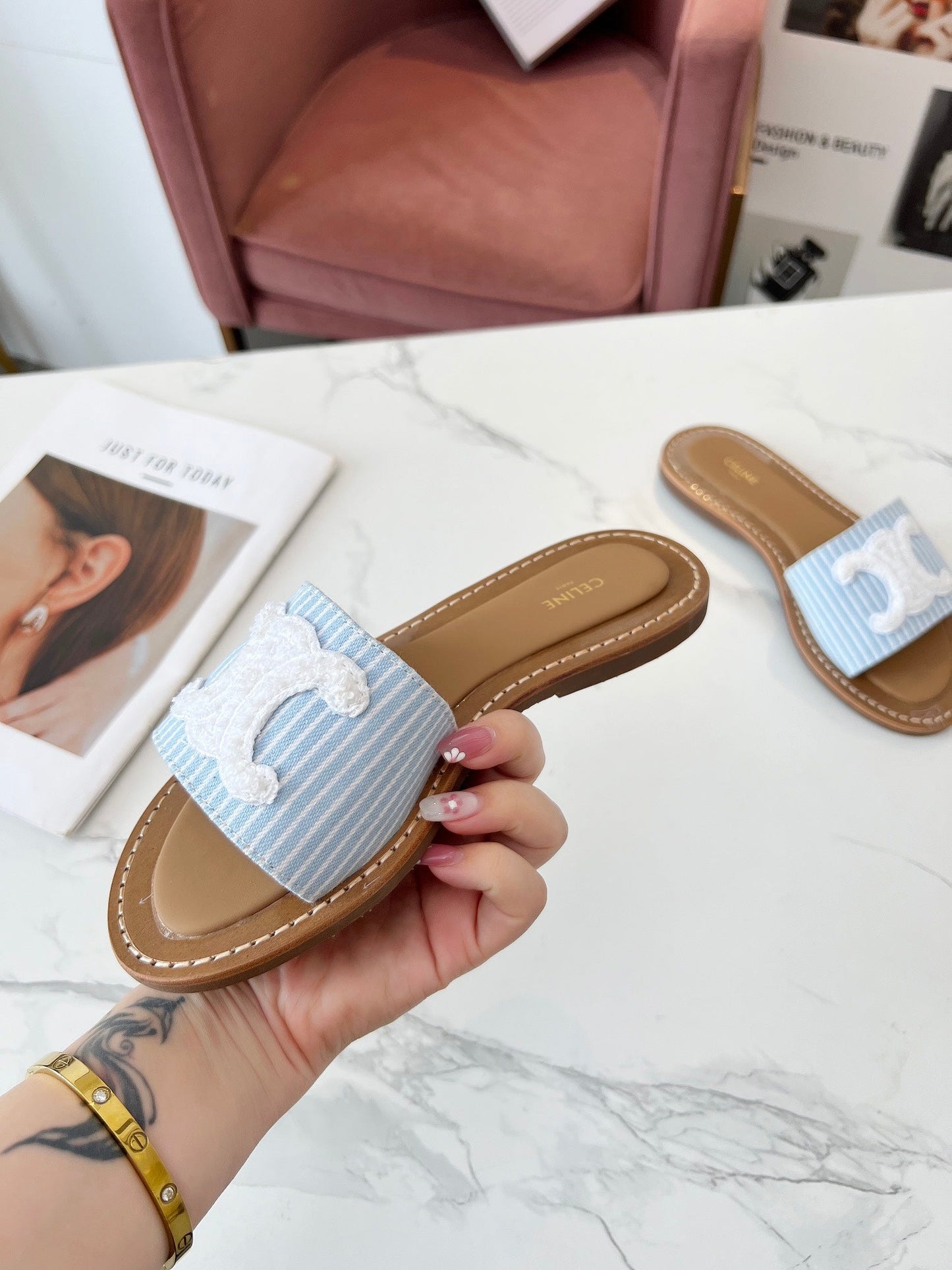 Celine Celine 25C Slippers Baby Blue mix White Fabric with Calfskin 238165